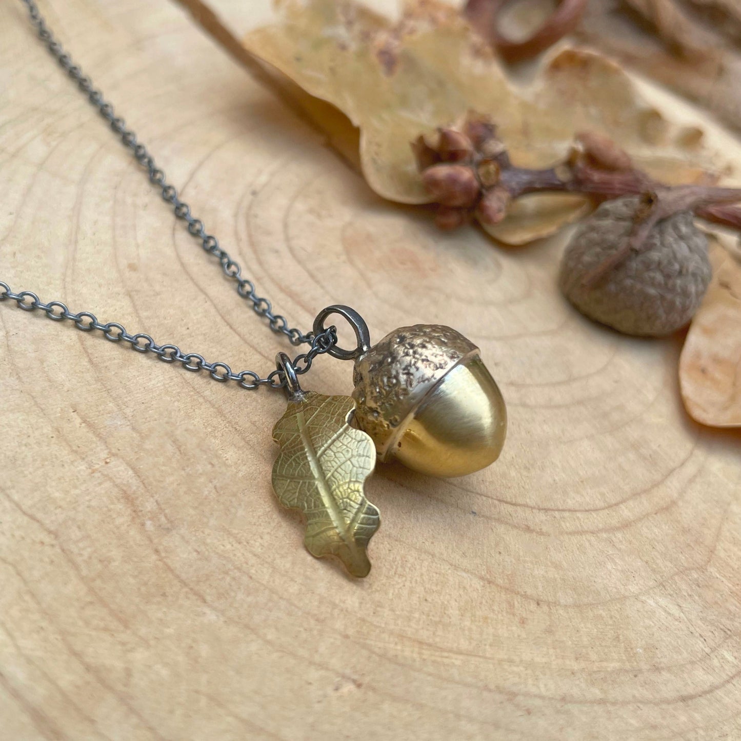 Brass Acorn & Oak Leaf Necklace by Curious Magpie Jewellery