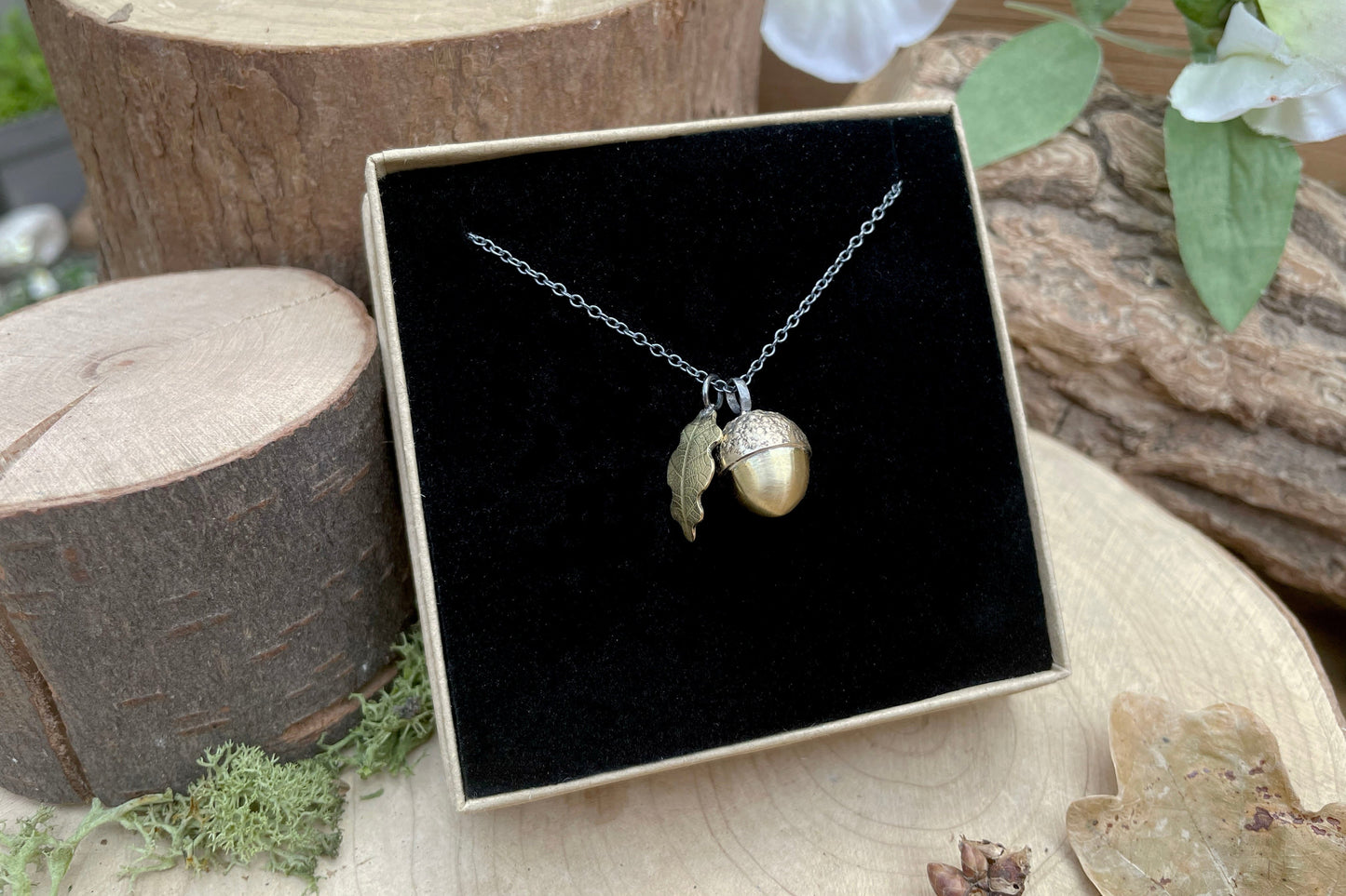 Brass Acorn & Oak Leaf Necklace by Curious Magpie Jewellery