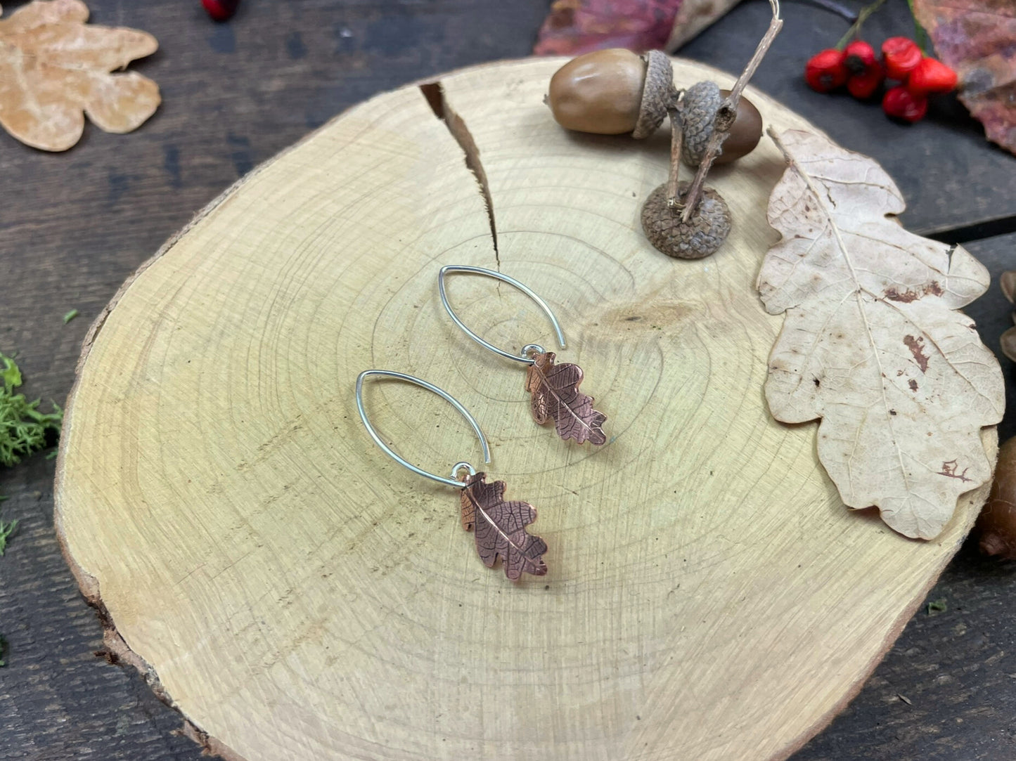 Copper Oak Leaf Drop Earrings by Curious Magpie Jewellery