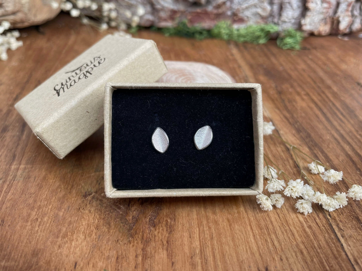 Frosted Silver Leaf Stud Earrings by Curious Magpie Jewellery