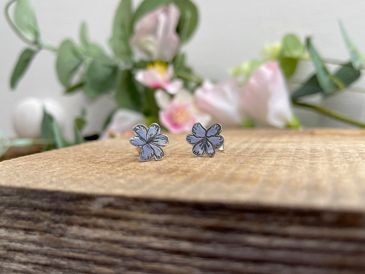 Oxidised Silver Blossom Stud Earrings by Curious Magpie Jewellery