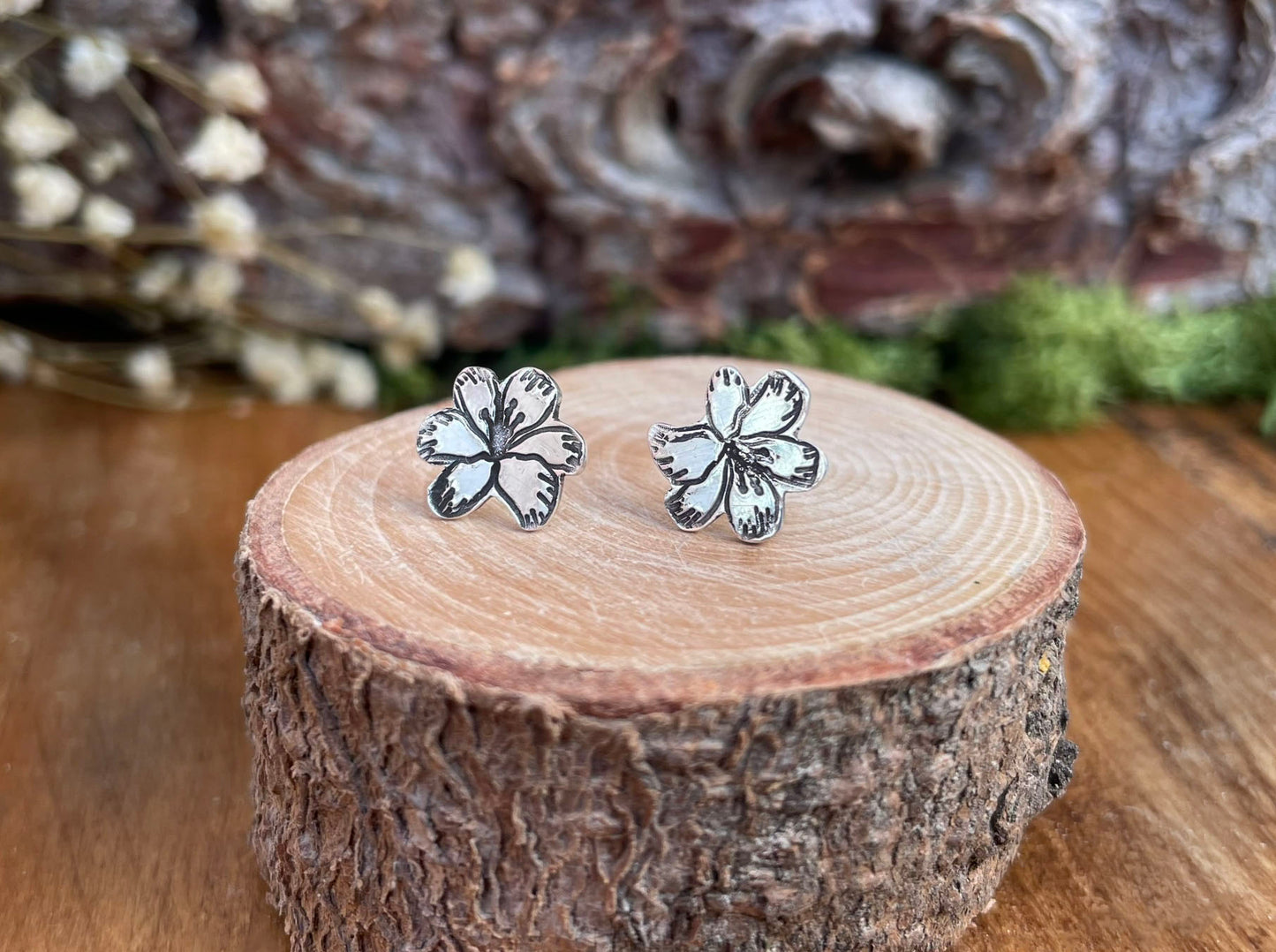 Oxidised Silver Blossom Stud Earrings by Curious Magpie Jewellery