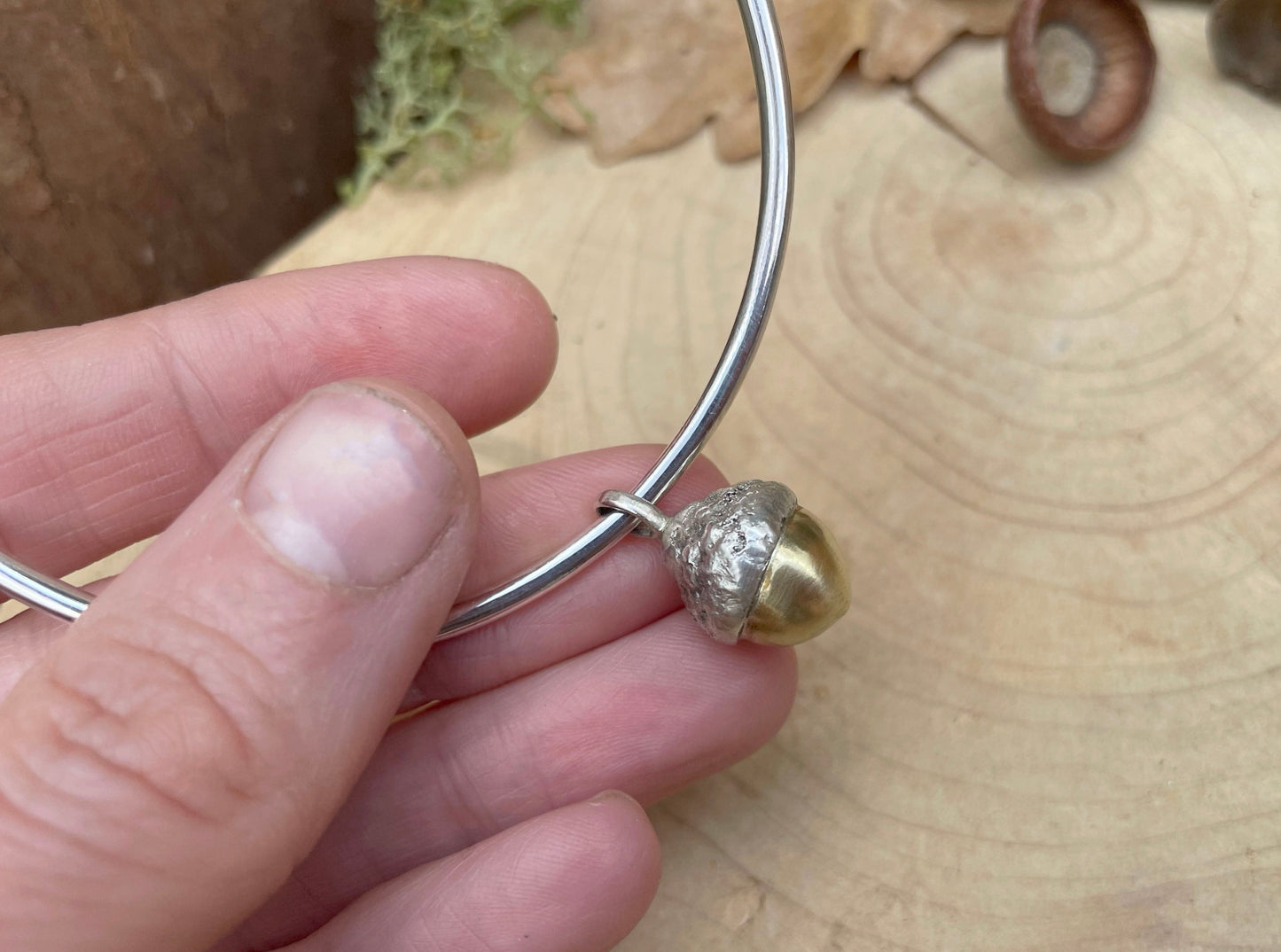 Silver & Brass Acorn Bangle by Curious Magpie Jewellery
