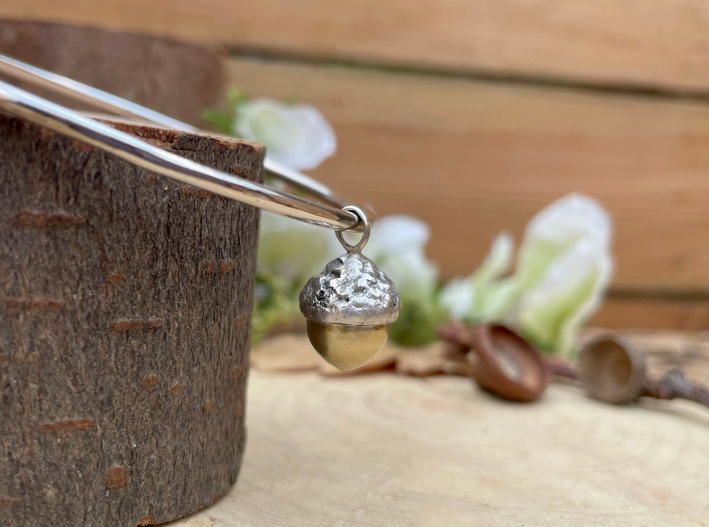 Silver & Brass Acorn Bangle by Curious Magpie Jewellery