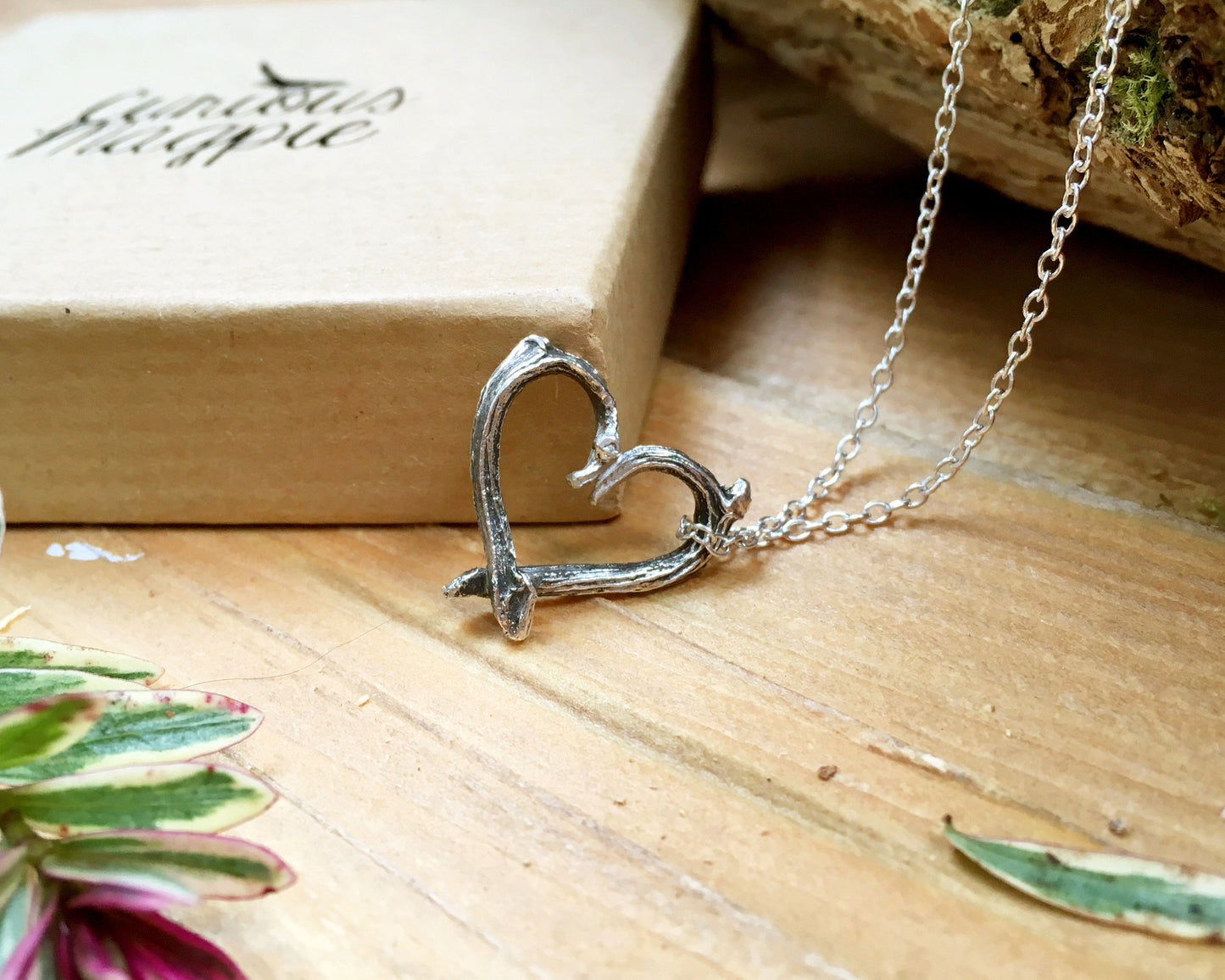 Silver heart-shaped necklace on a wooden surface with a plant and box in the background