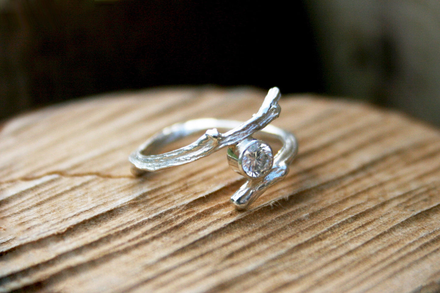 Entwined Silver Branch Ring with Cubic Zirconia