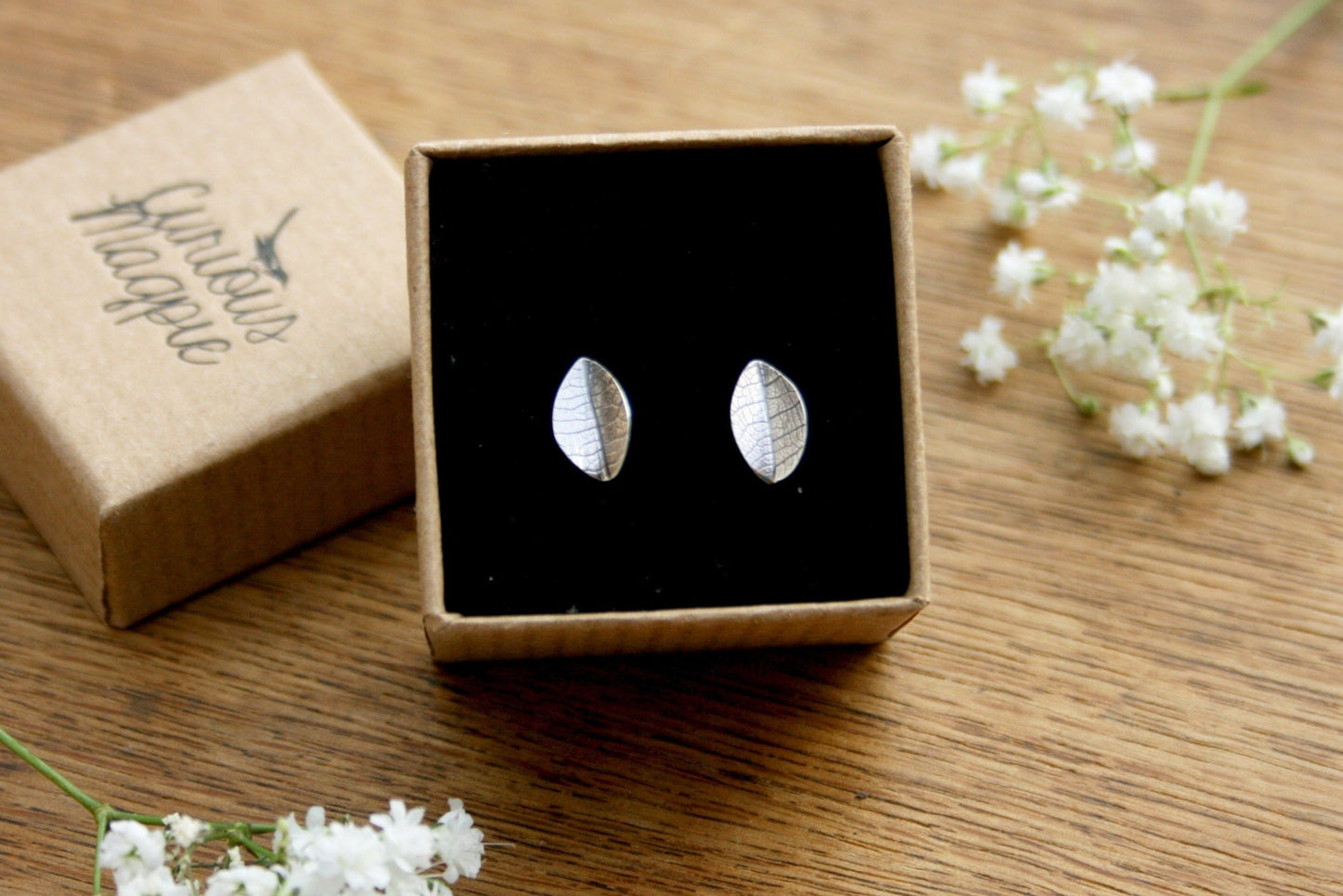 Silver Leaf Stud Earrings in Box by Curious Magpie Jewellery