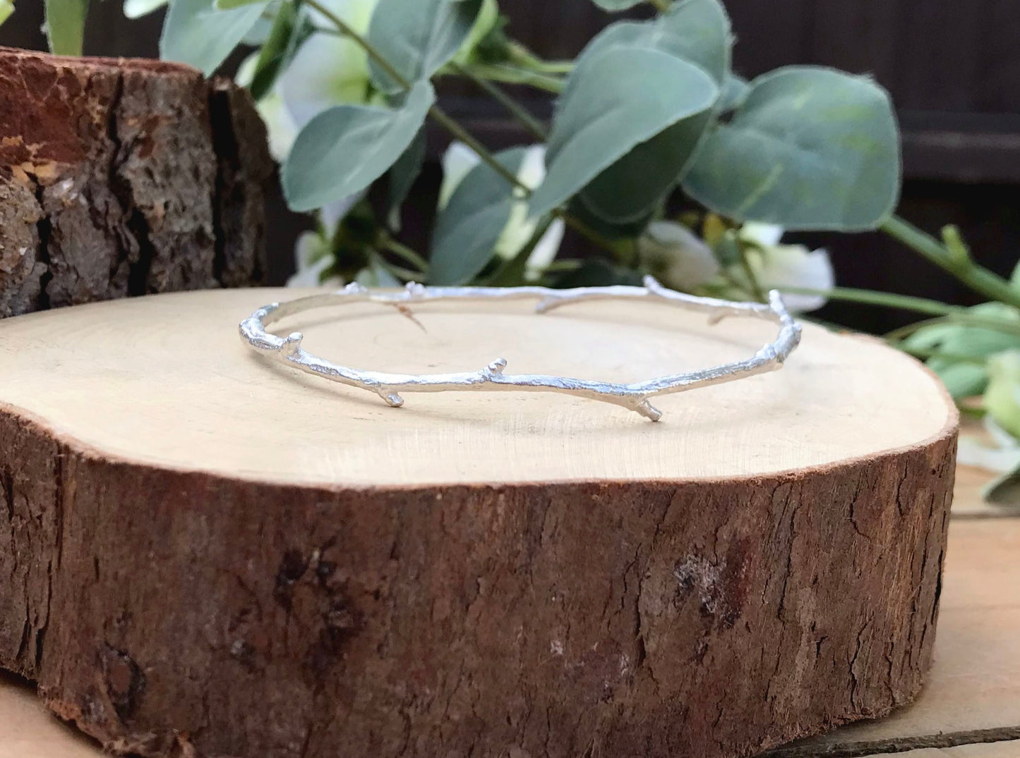 Narrow Silver Twig Bangle by Curious Magpie Jewellery
