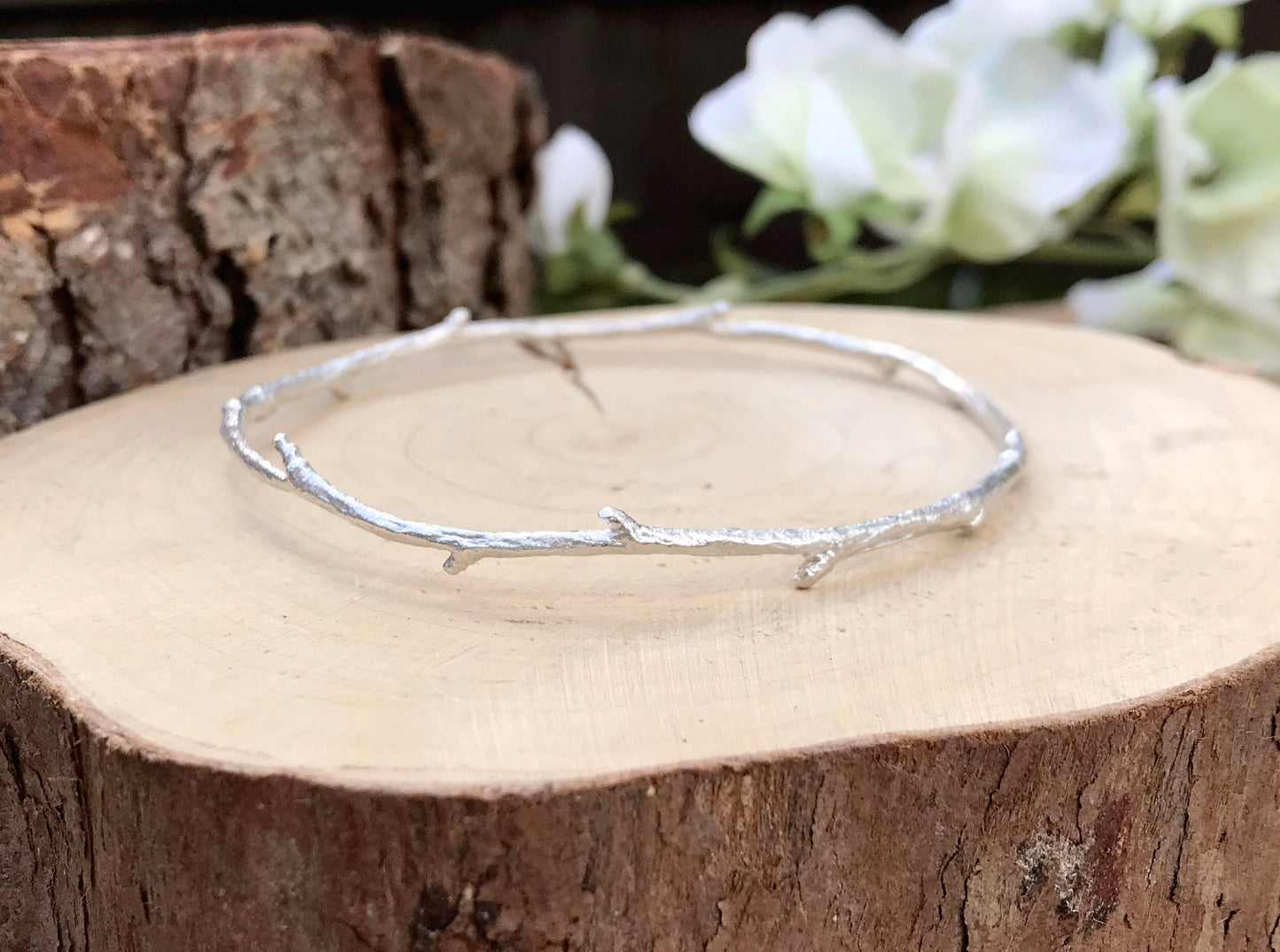 Narrow Silver Twig Bangle by Curious Magpie Jewellery