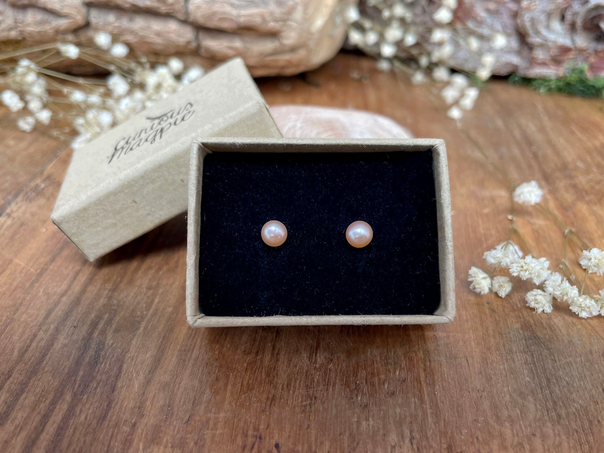 Apricot Pixie Pearl Stud Earrings by Curious Magpie Jewellery