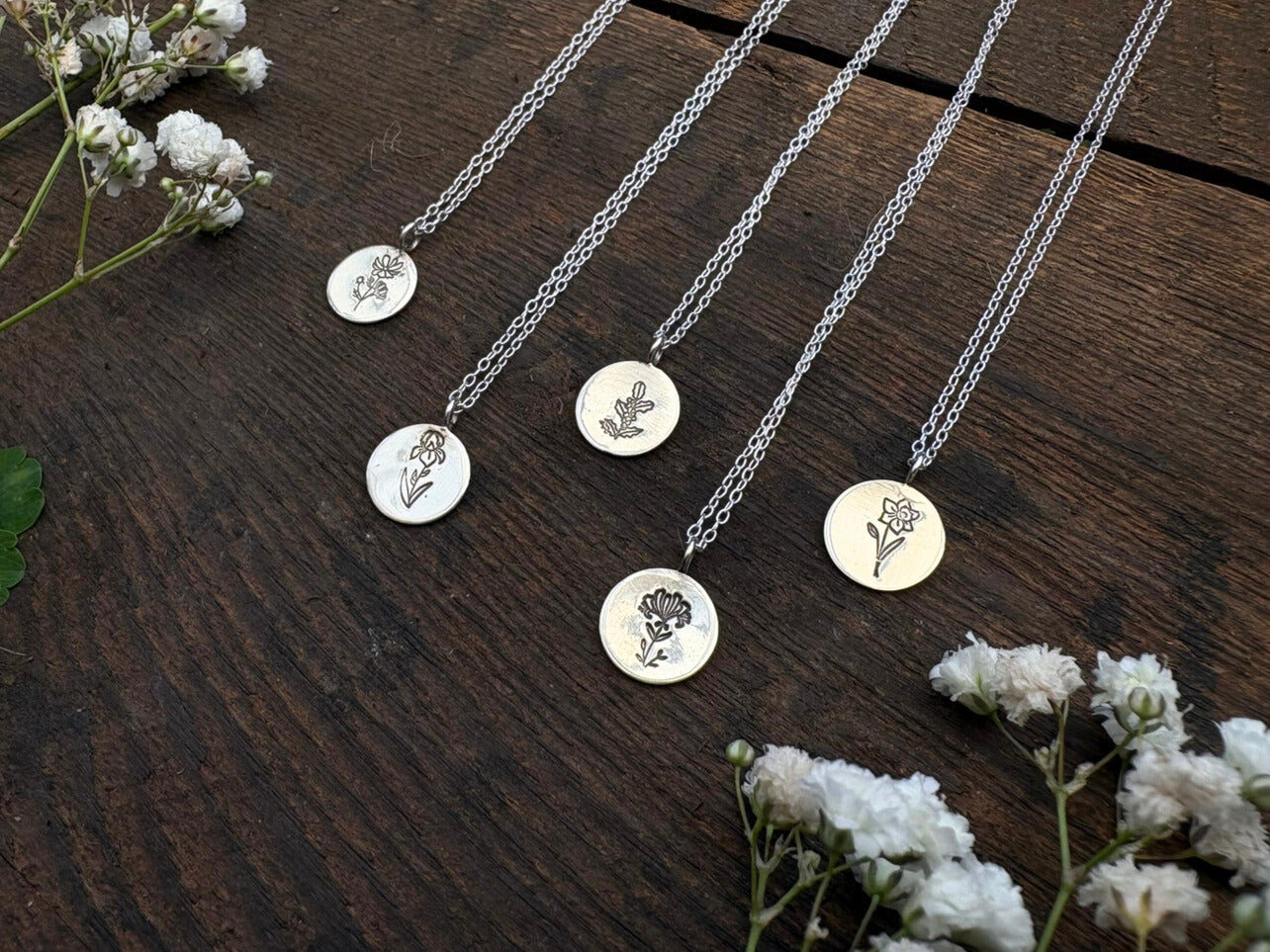 Botanica birth flower pendant necklaces by curious magpie jewellery