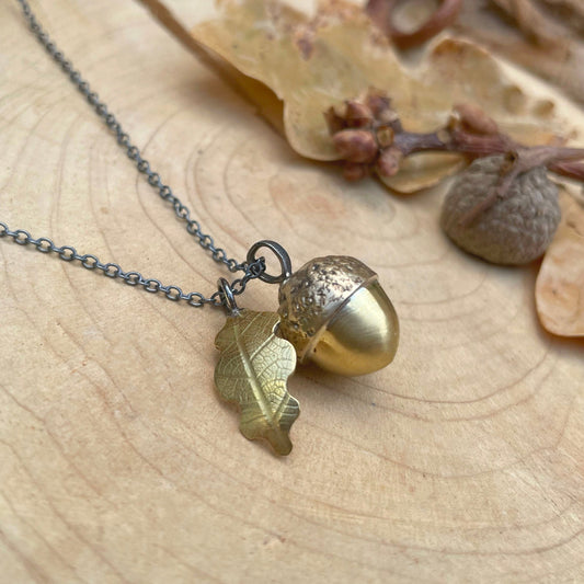 Brass Acorn & Oak Leaf Necklace by Curious Magpie Jewellery