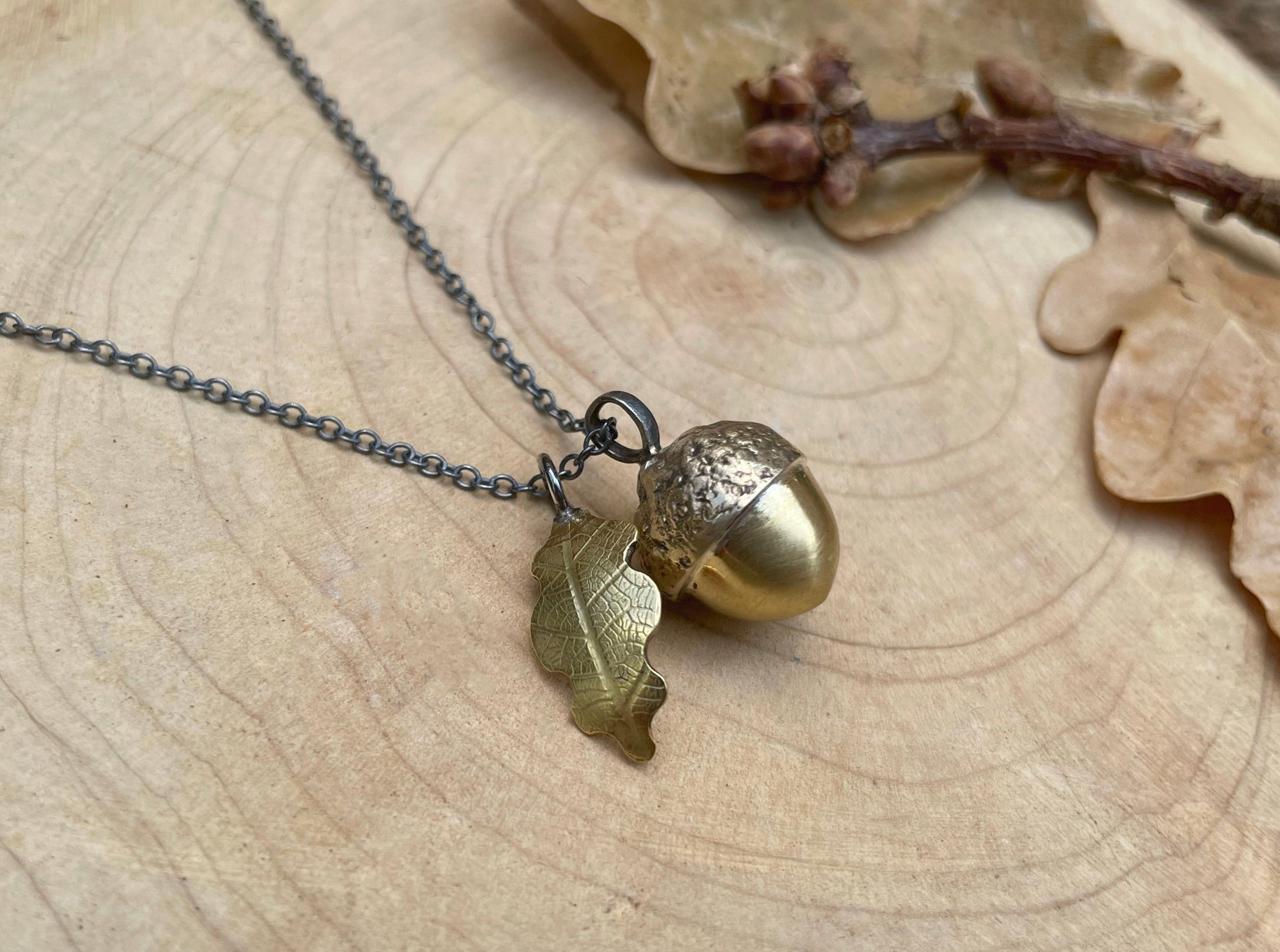 Brass Acorn & Oak Leaf Necklace by Curious Magpie Jewellery