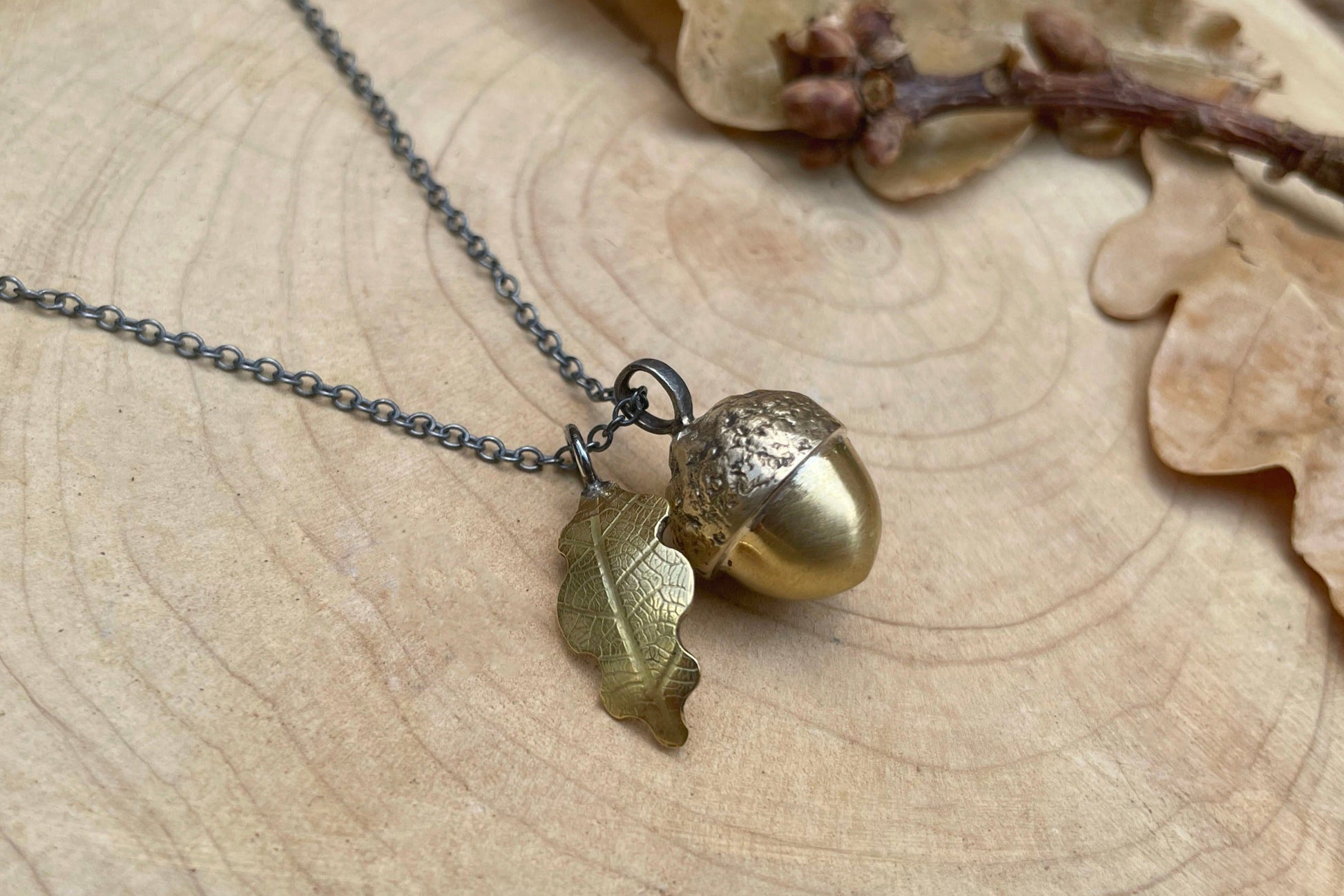 Brass Acorn & Oak Leaf Necklace by Curious Magpie Jewellery