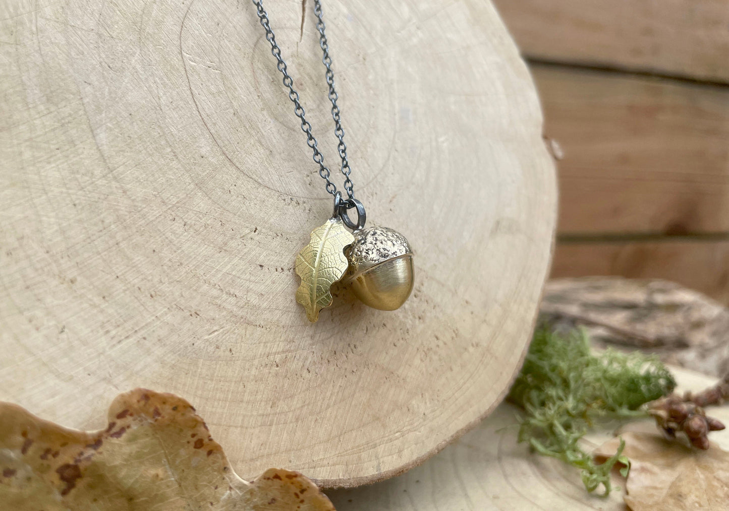 Brass Acorn & Oak Leaf Necklace by Curious Magpie Jewellery