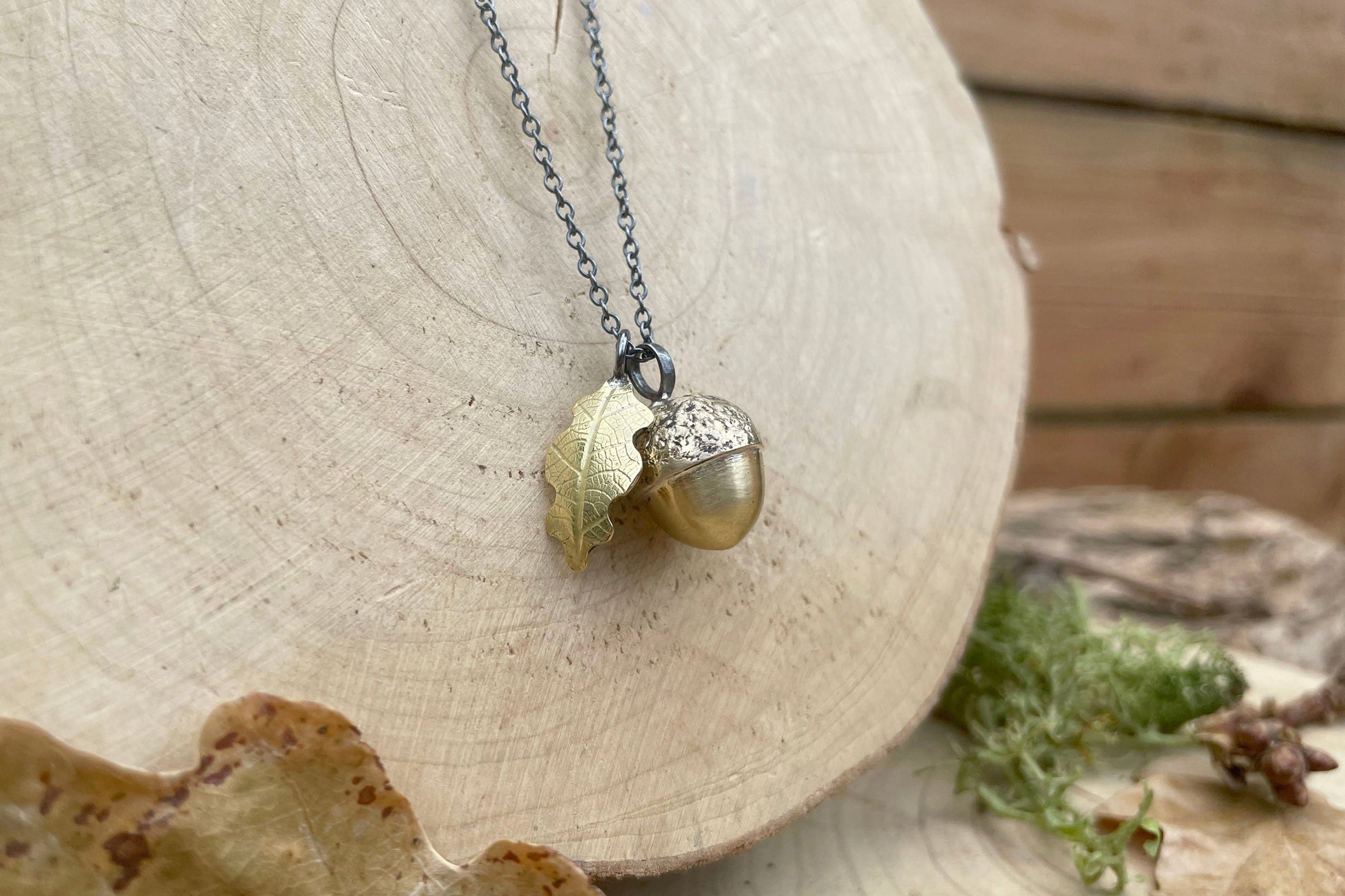 Brass Acorn & Oak Leaf Necklace by Curious Magpie Jewellery