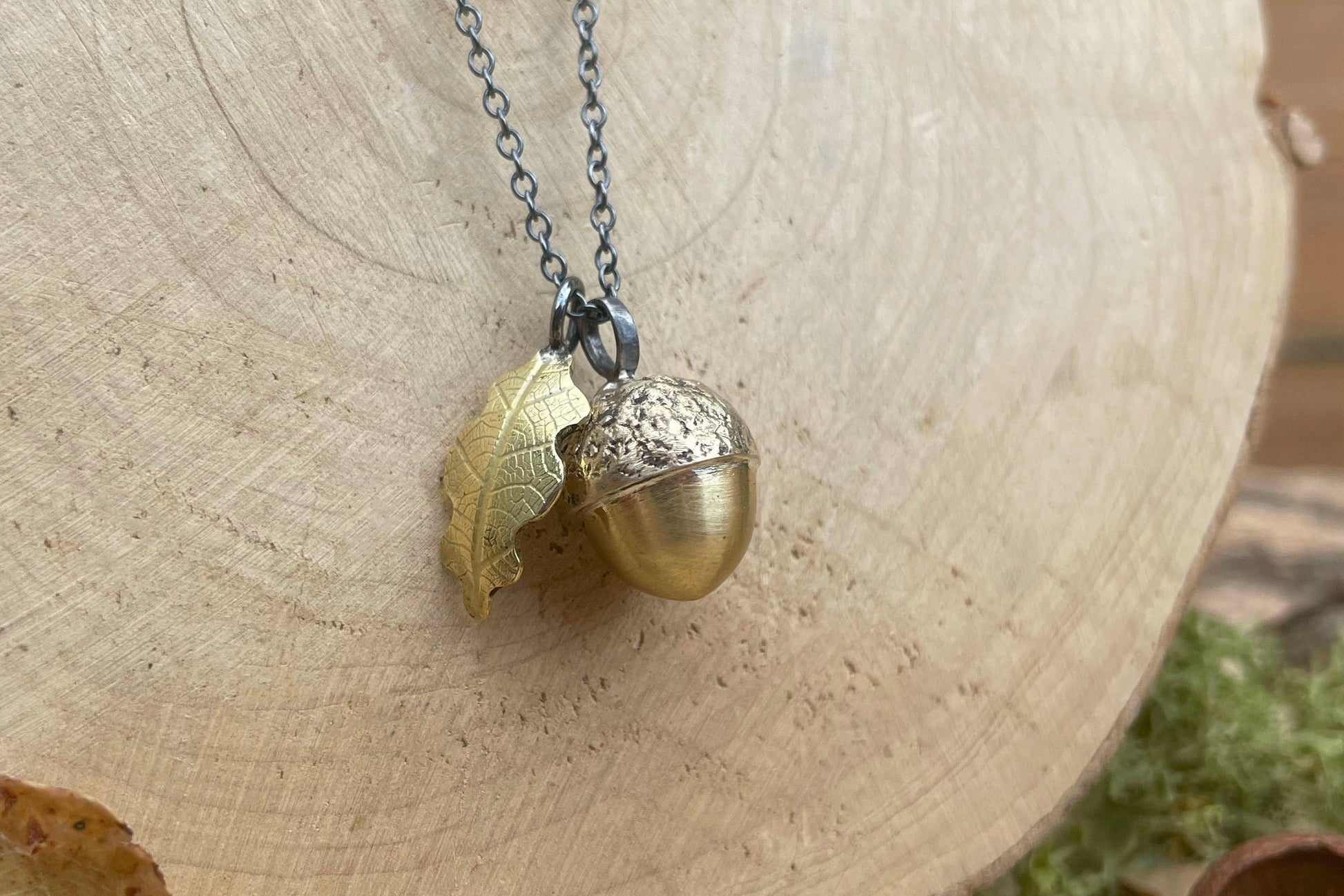 Brass Acorn & Oak Leaf Necklace by Curious Magpie Jewellery