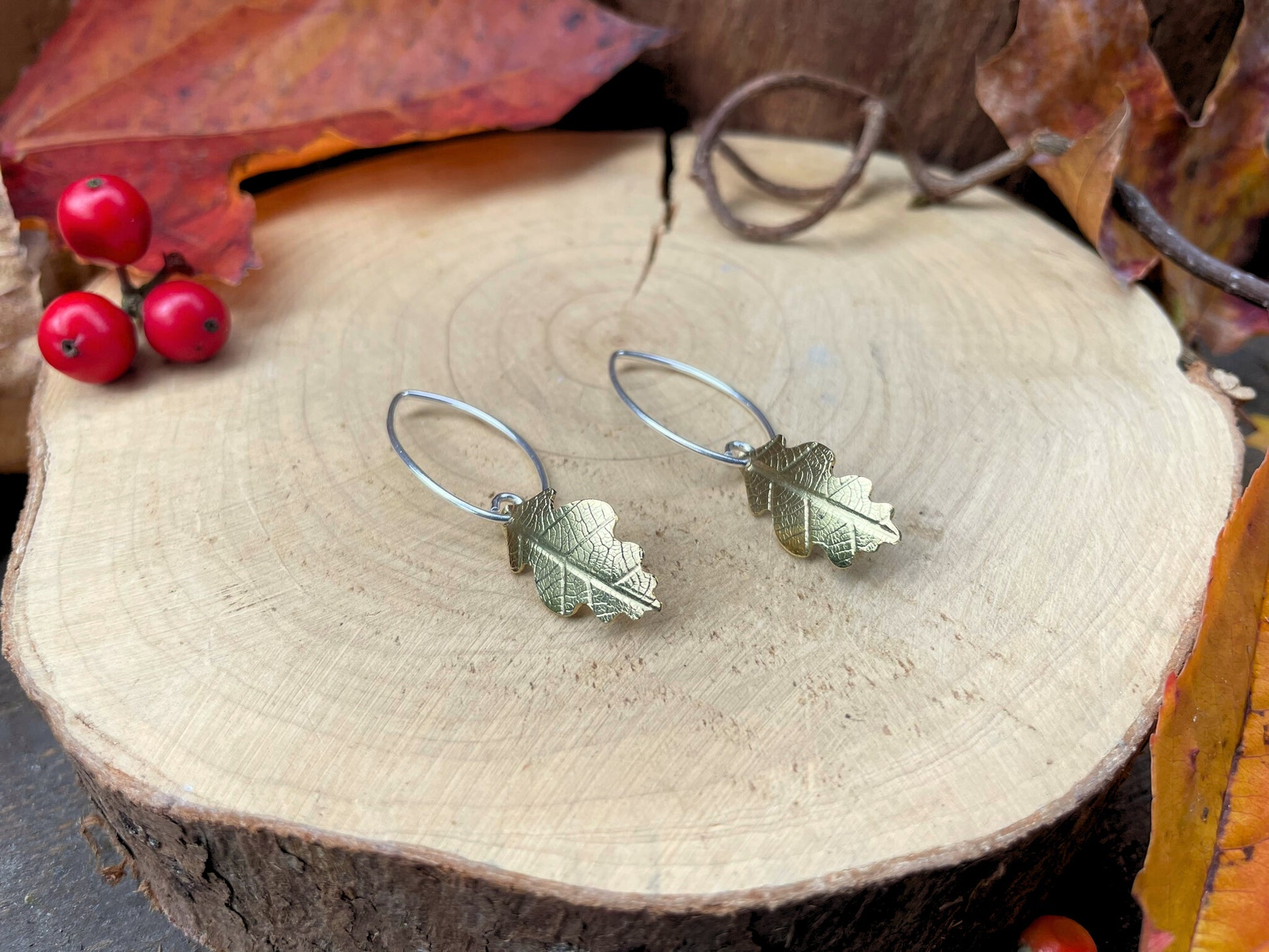 Brass Oak Leaf Drop Earrings by Curious Magpie Jewellery