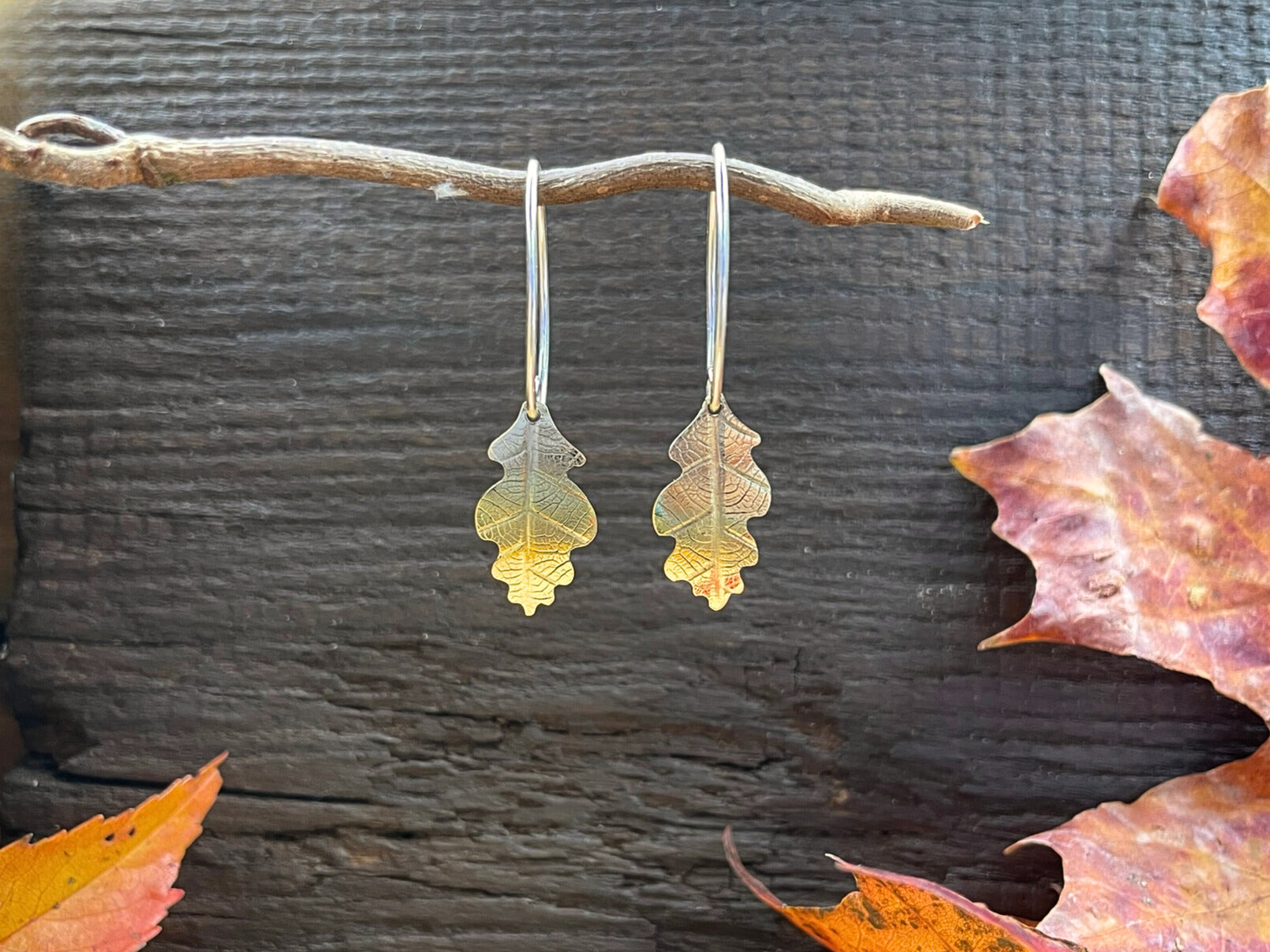 Brass Oak Leaf Drop Earrings by Curious Magpie Jewellery