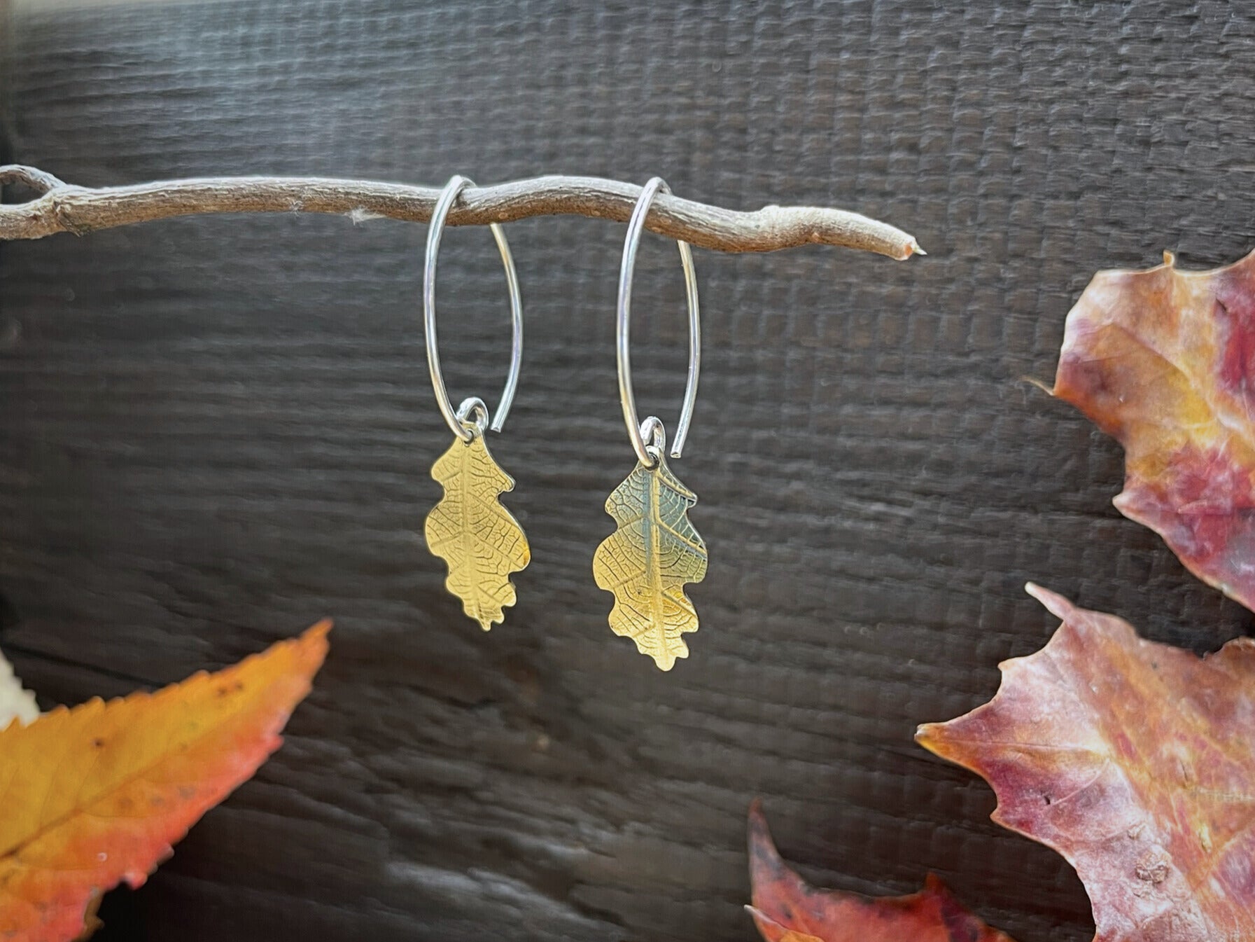 Brass Oak Leaf Drop Earrings by Curious Magpie Jewellery