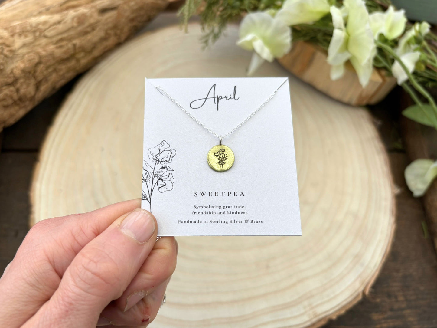 Golden April birth flower necklace, sweet pea, by Curious Magpie Jewellery