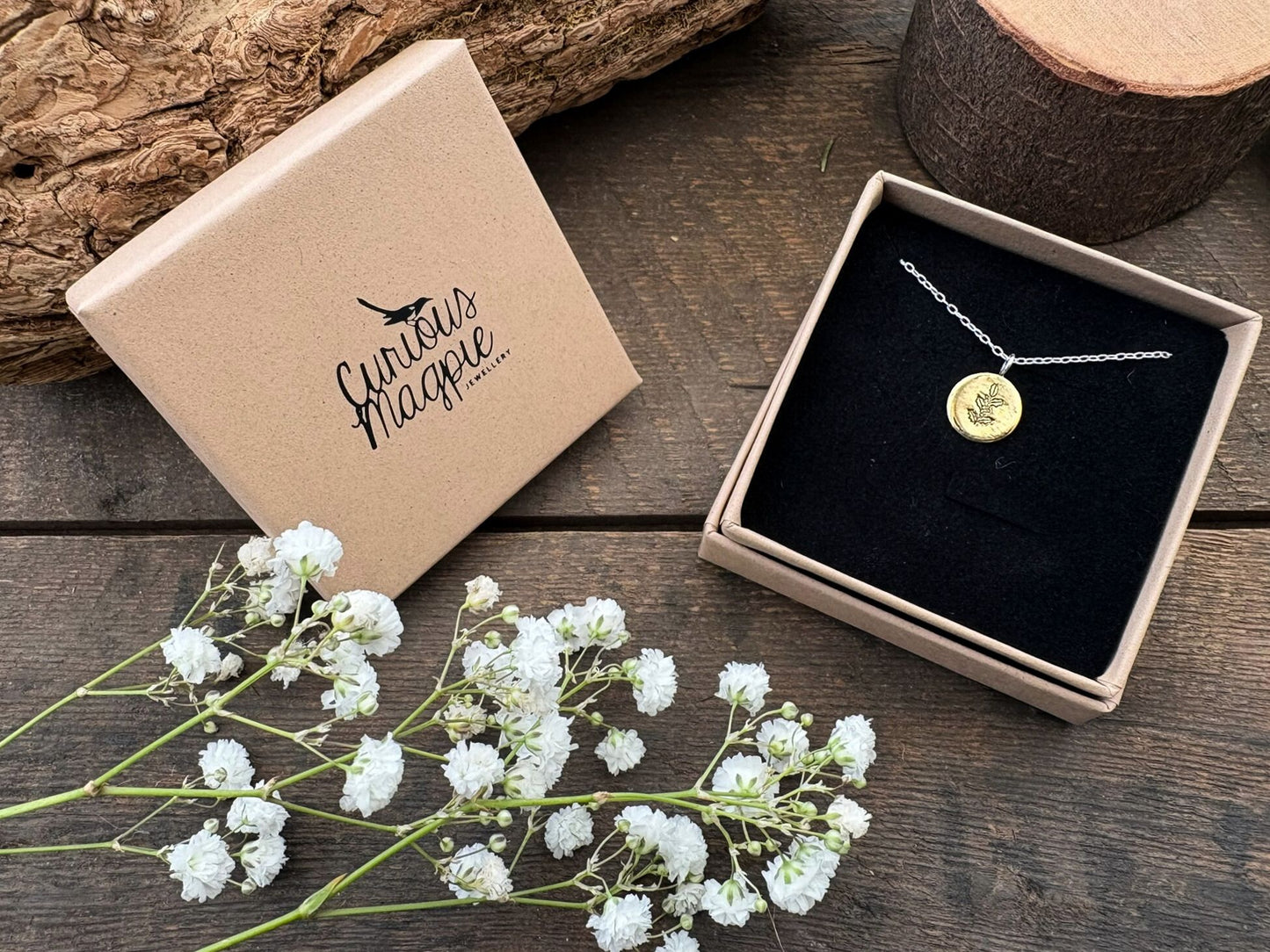 Brass birth flower necklace, December Holly in box