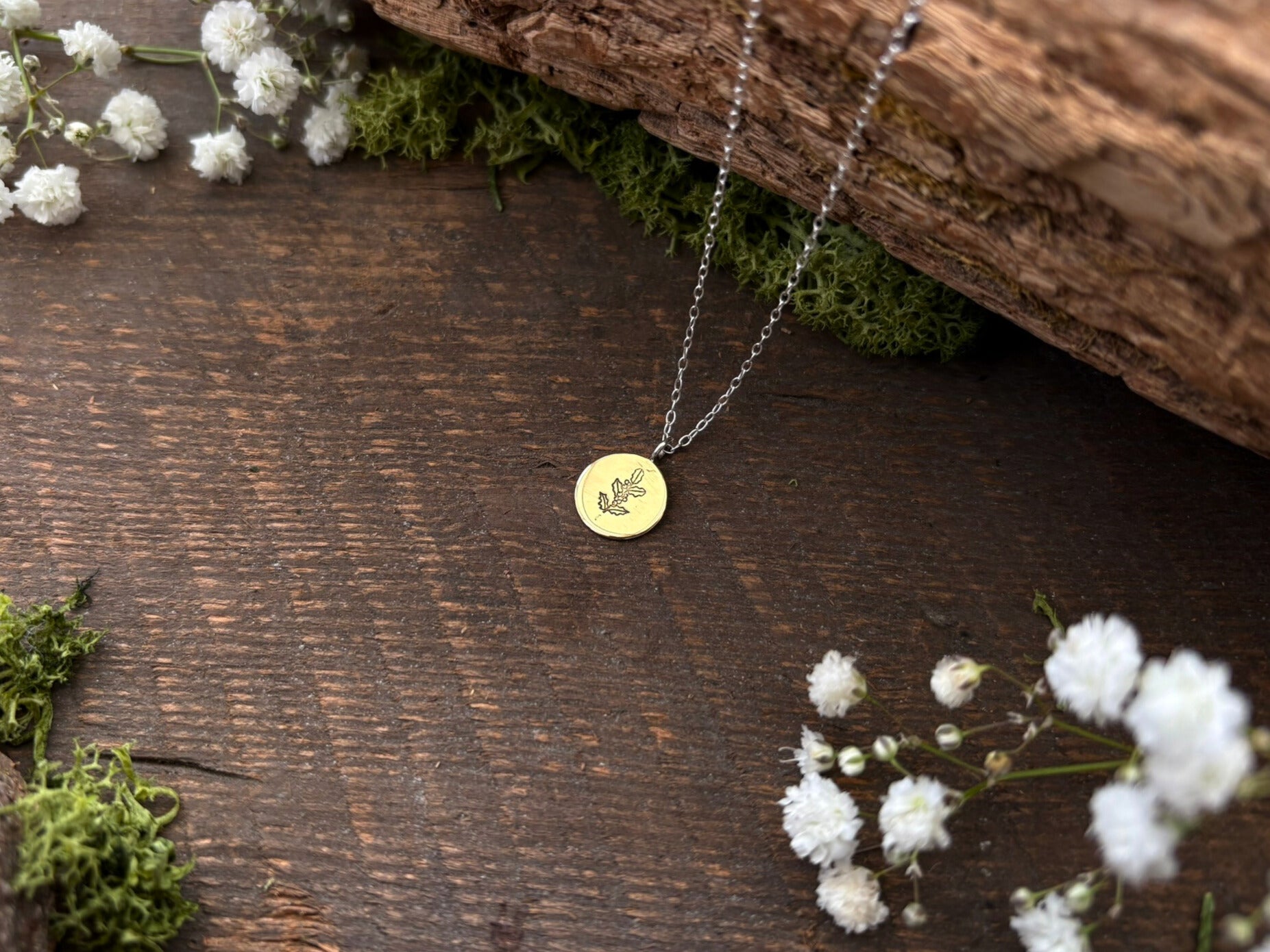 Brass_Birth_Flower_Necklace_-December_Holly_Curious_Magpie_Jewellery