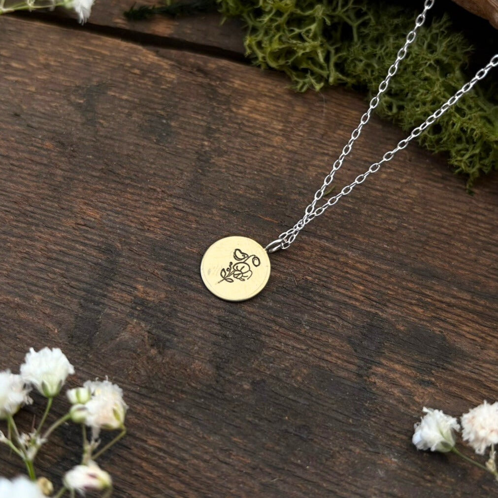 Brass birth flower necklace, April Birthday, sweet pea - by Curious Magpie Jewellery