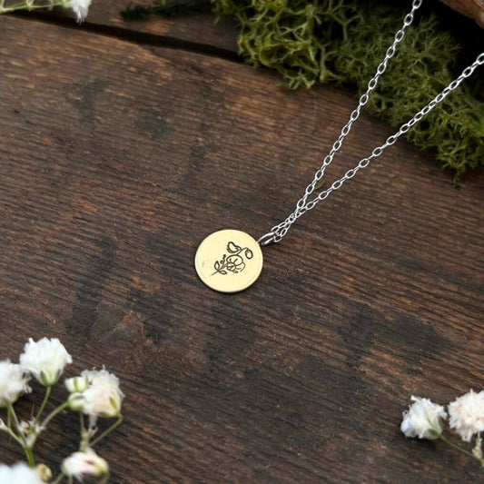 Brass birth flower necklace, April Birthday, sweet pea - by Curious Magpie Jewellery
