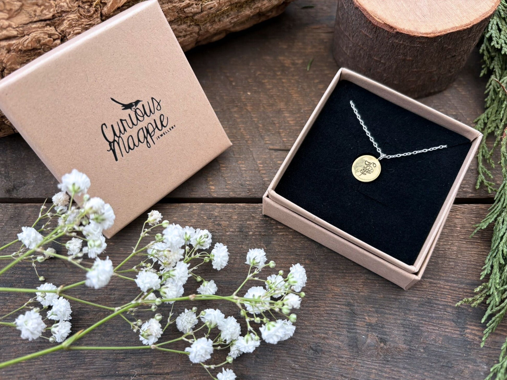 Brass birth flower necklace, April Birthday, sweet pea - by Curious Magpie Jewellery