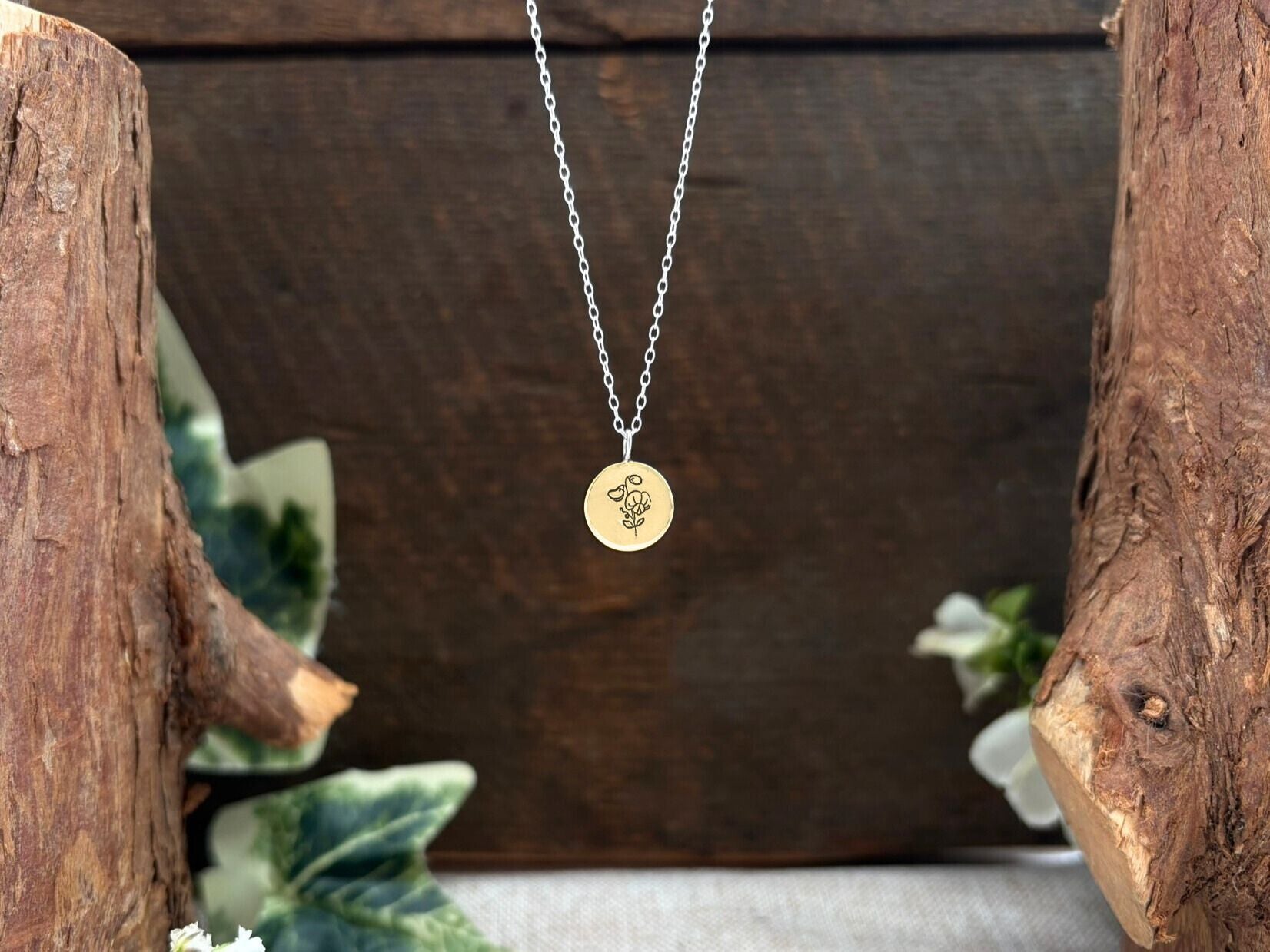 Brass birth flower necklace, April Birthday, sweet pea - by Curious Magpie Jewellery
