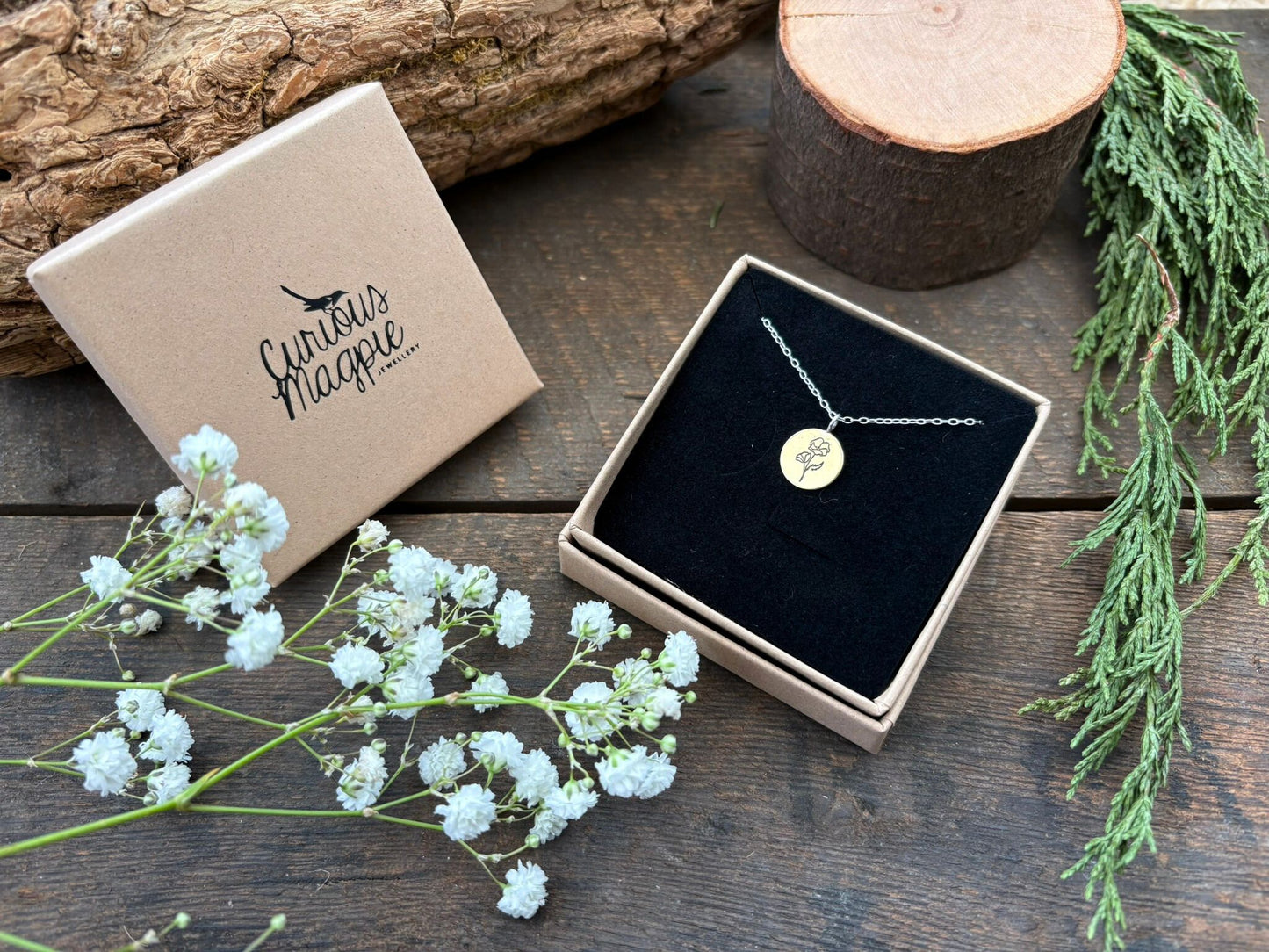 Brass birth flower necklace, August Birthday, Poppy - by Curious Magpie Jewellery