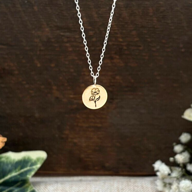 Brass birth flower necklace, August Birthday, Poppy - by Curious Magpie Jewellery