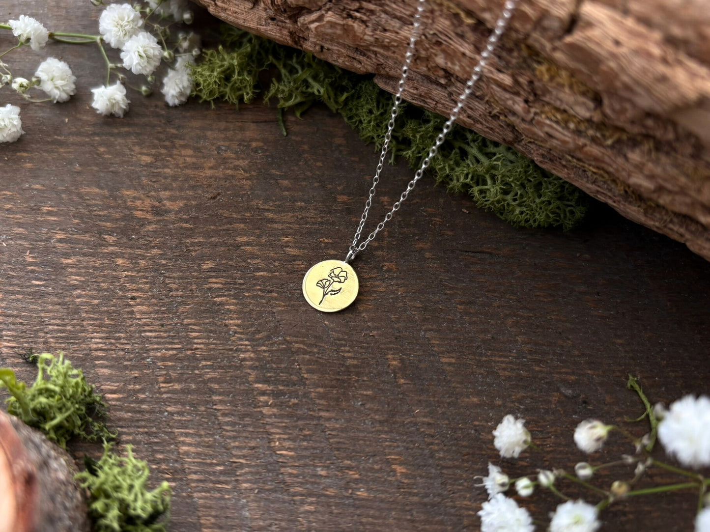 Brass birth flower necklace, August Birthday, Poppy - by Curious Magpie Jewellery