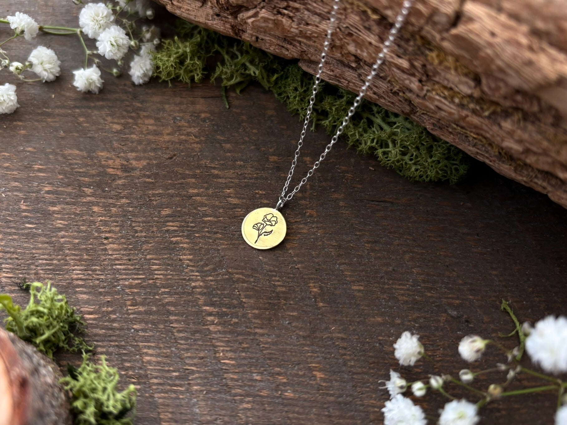 Brass birth flower necklace, August Birthday, Poppy - by Curious Magpie Jewellery