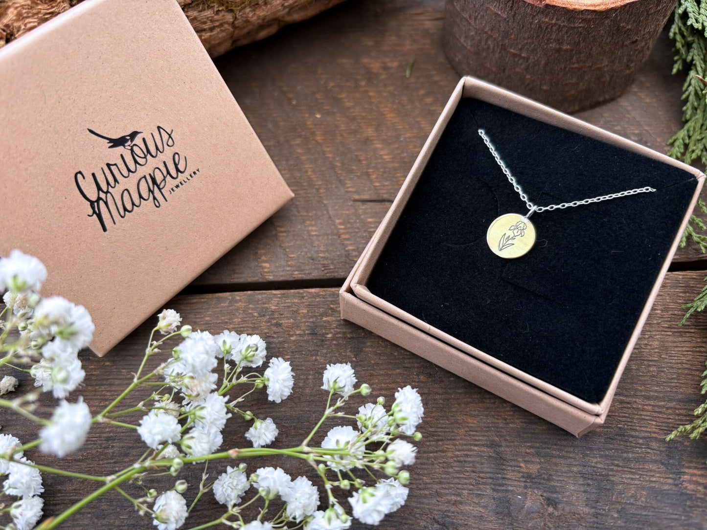 Brass birth flower necklace, February Birthday, Iris- by Curious Magpie Jewellery