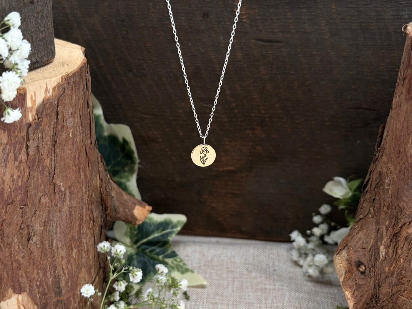 Brass birth flower necklace, February Birthday, Iris- by Curious Magpie Jewellery