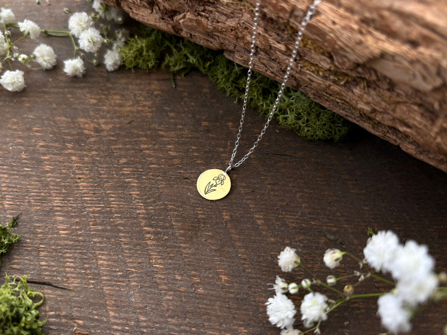 Brass birth flower necklace, February Birthday, Iris- by Curious Magpie Jewellery
