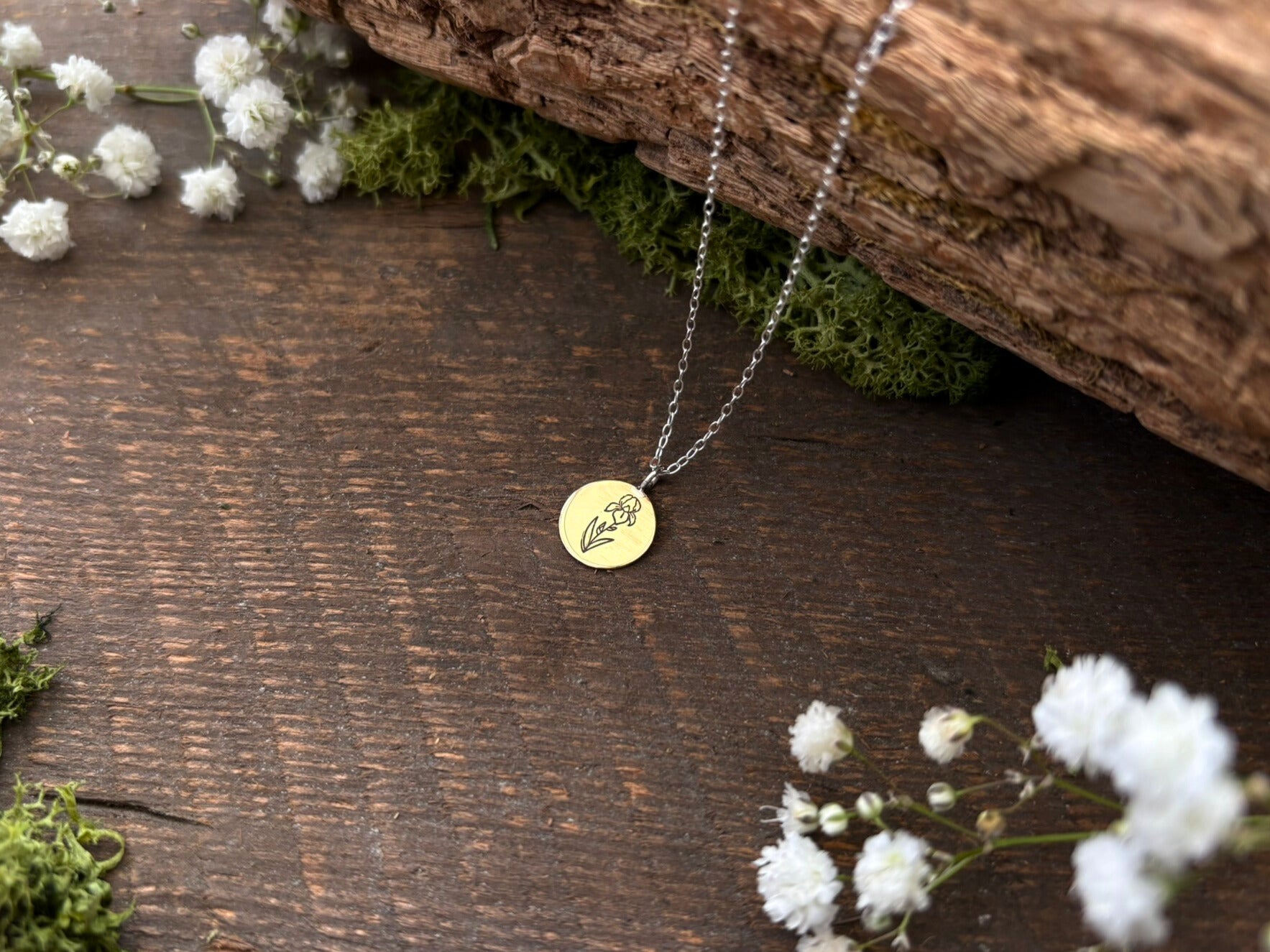 Brass birth flower necklace, February Birthday, Iris- by Curious Magpie Jewellery