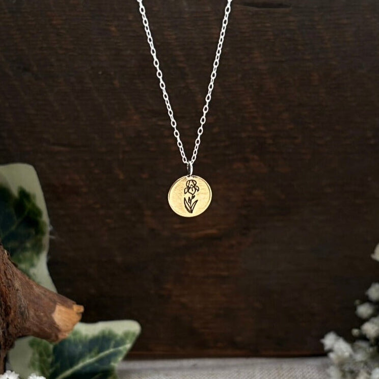 Brass birth flower necklace, February Birthday, Iris- by Curious Magpie Jewellery