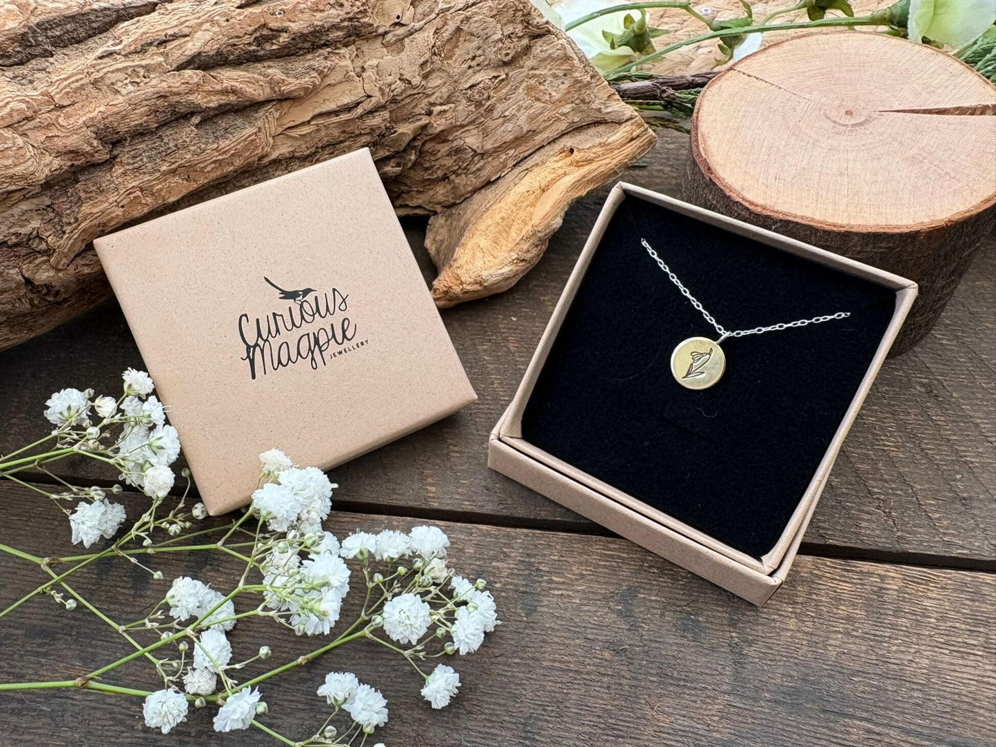 Brass birth flower necklace, January Birthday, Snowdrop- by Curious Magpie Jewellery