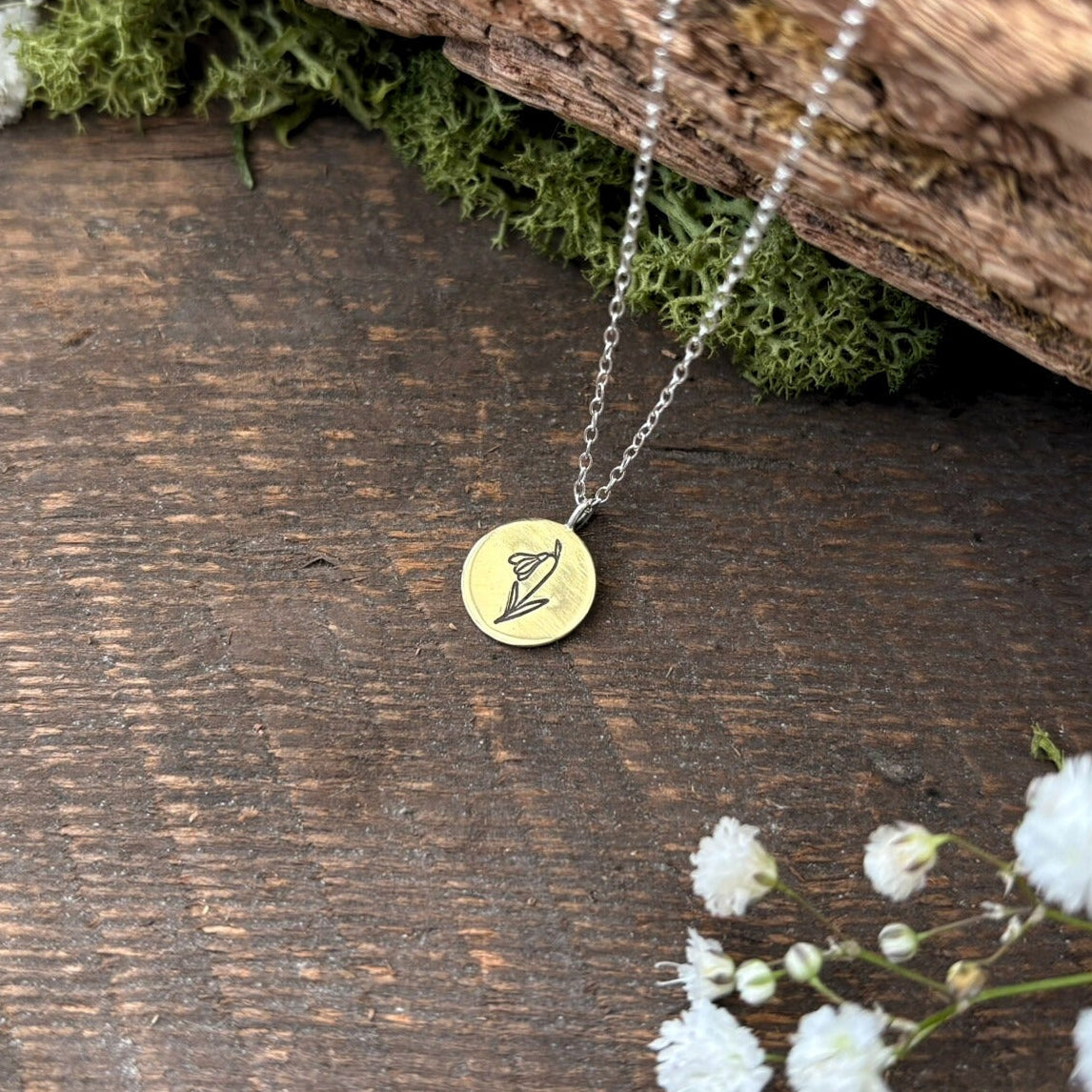 Brass birth flower necklace, January Birthday, Snowdrop- by Curious Magpie Jewellery