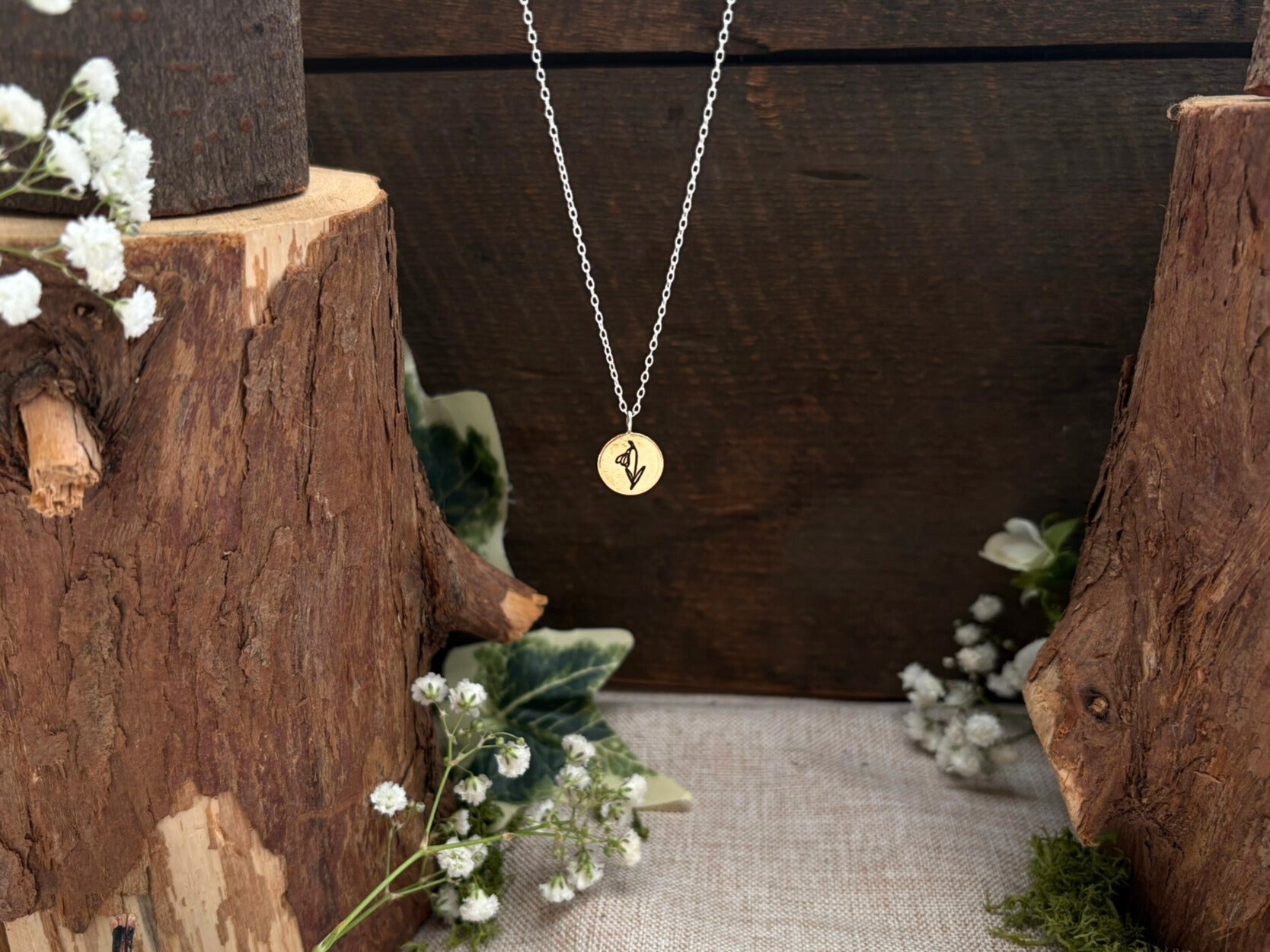 Brass birth flower necklace, January Birthday, Snowdrop- by Curious Magpie Jewellery