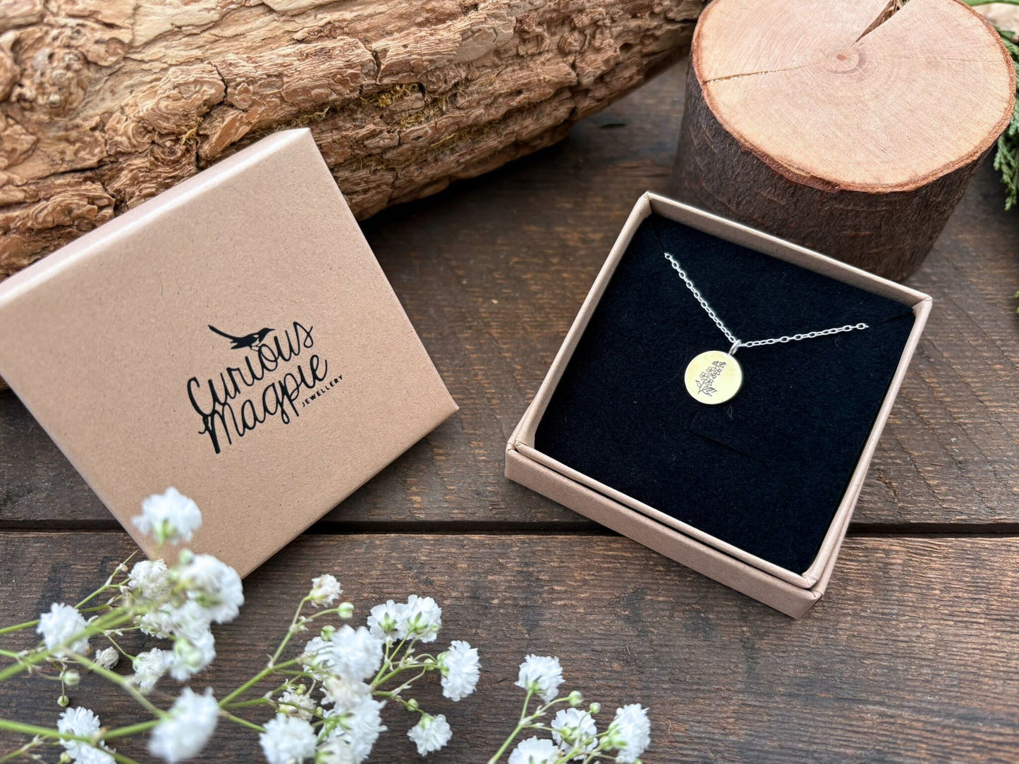 Brass birth flower necklace, July Birthday, Larkspur - by Curious Magpie Jewellery