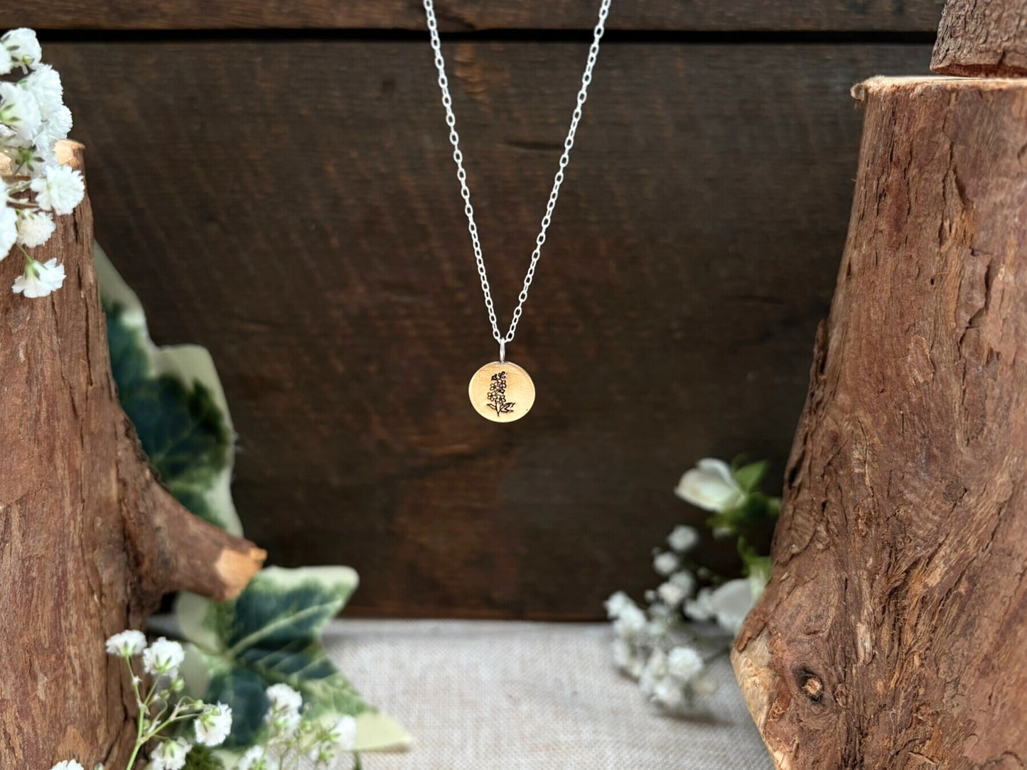 Brass birth flower necklace, July Birthday, Larkspur - by Curious Magpie Jewellery