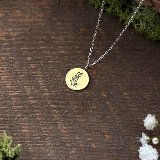 Brass birth flower necklace, July Birthday, Larkspur - by Curious Magpie Jewellery