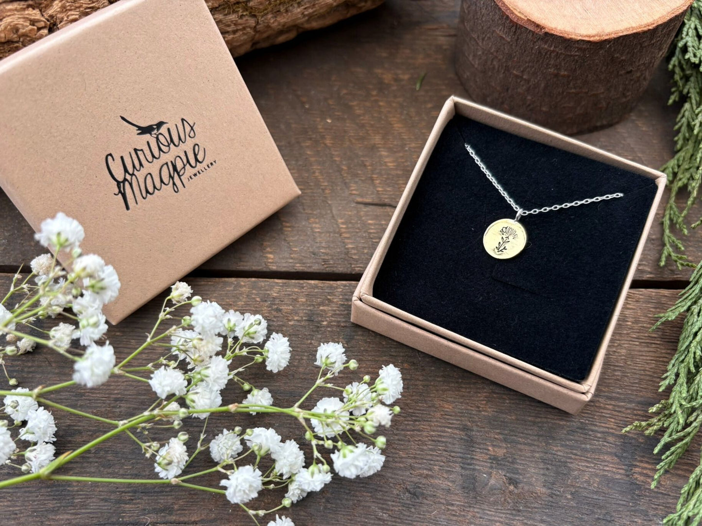 Brass birth flower necklace, June Birthday, Honeysuckle - by Curious Magpie Jewellery