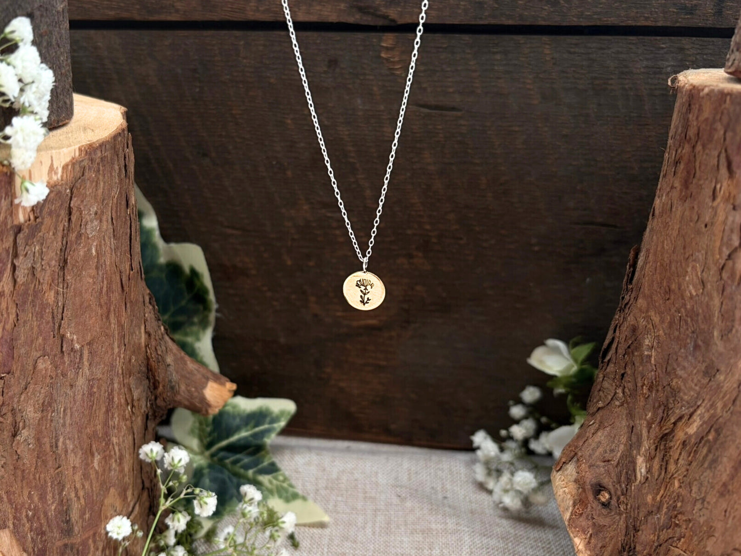 Brass birth flower necklace, June Birthday, Honeysuckle - by Curious Magpie Jewellery