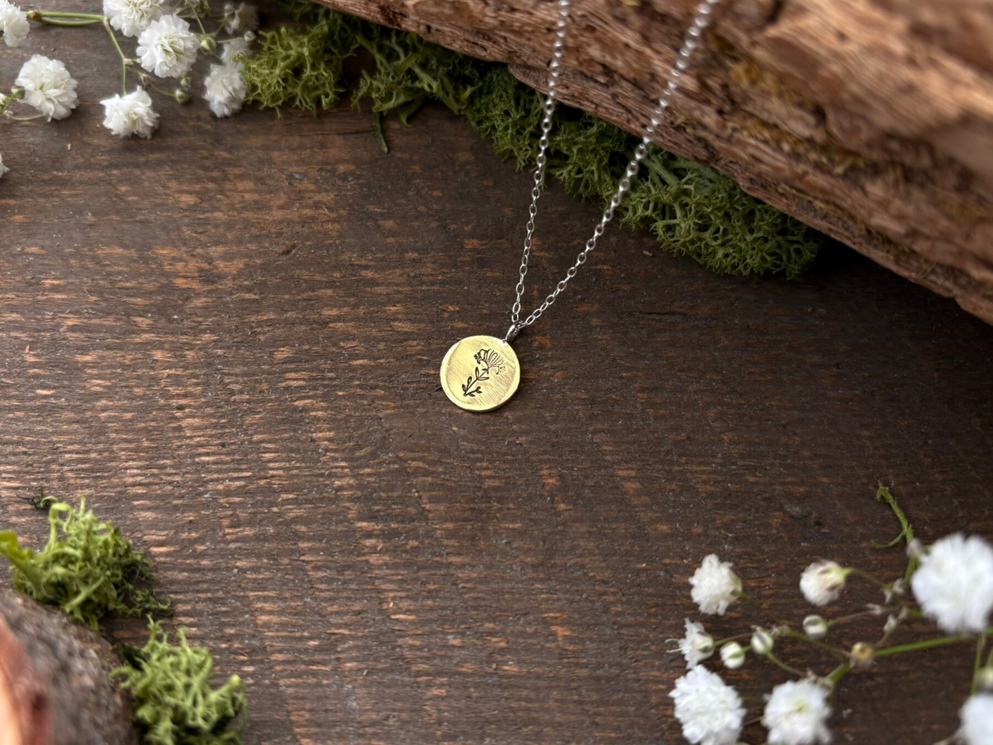 Brass birth flower necklace, June Birthday, Honeysuckle - by Curious Magpie Jewellery