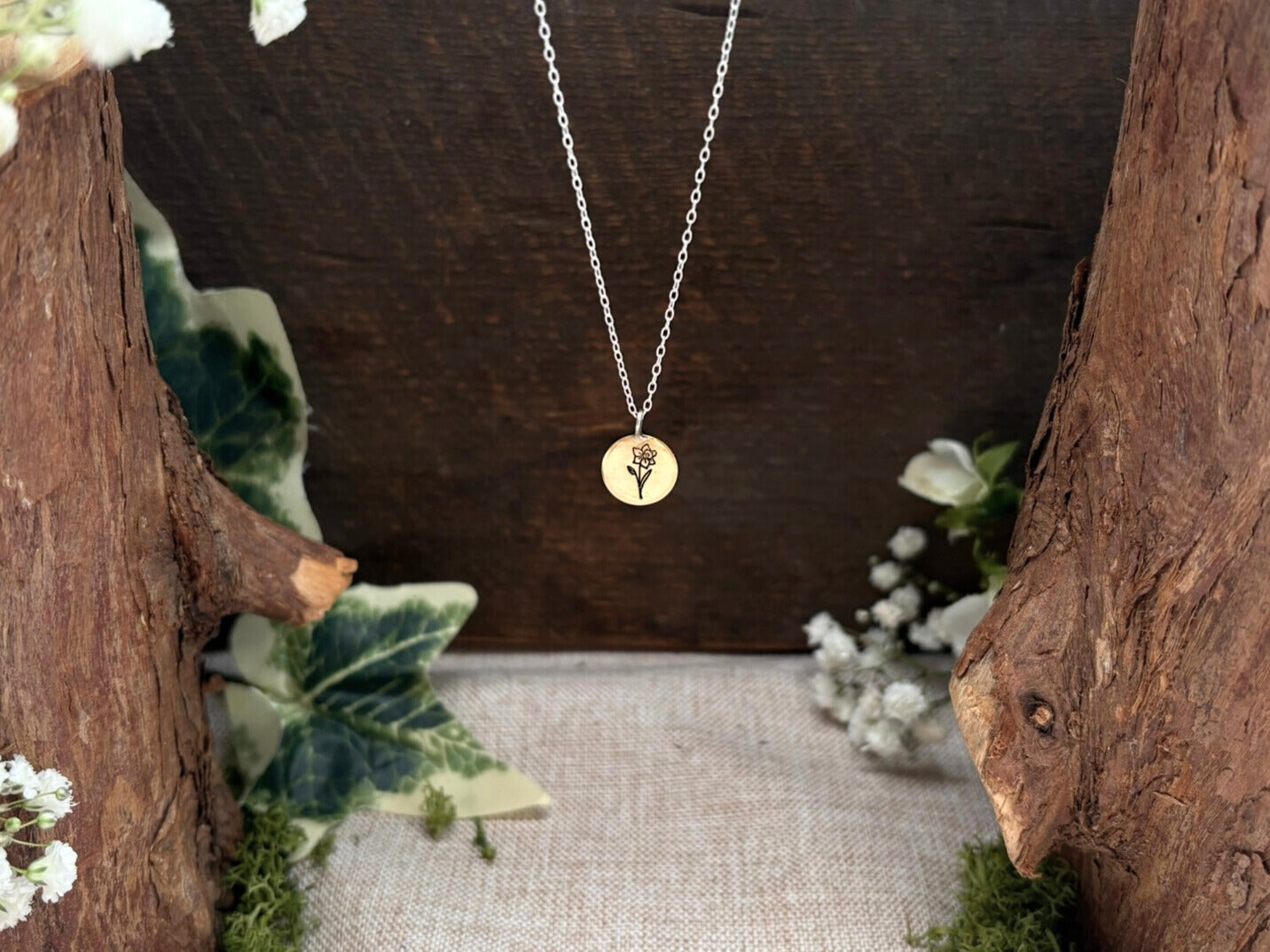 Brass birth flower necklace, march Birthday, daffodil - by Curious Magpie Jewellery
